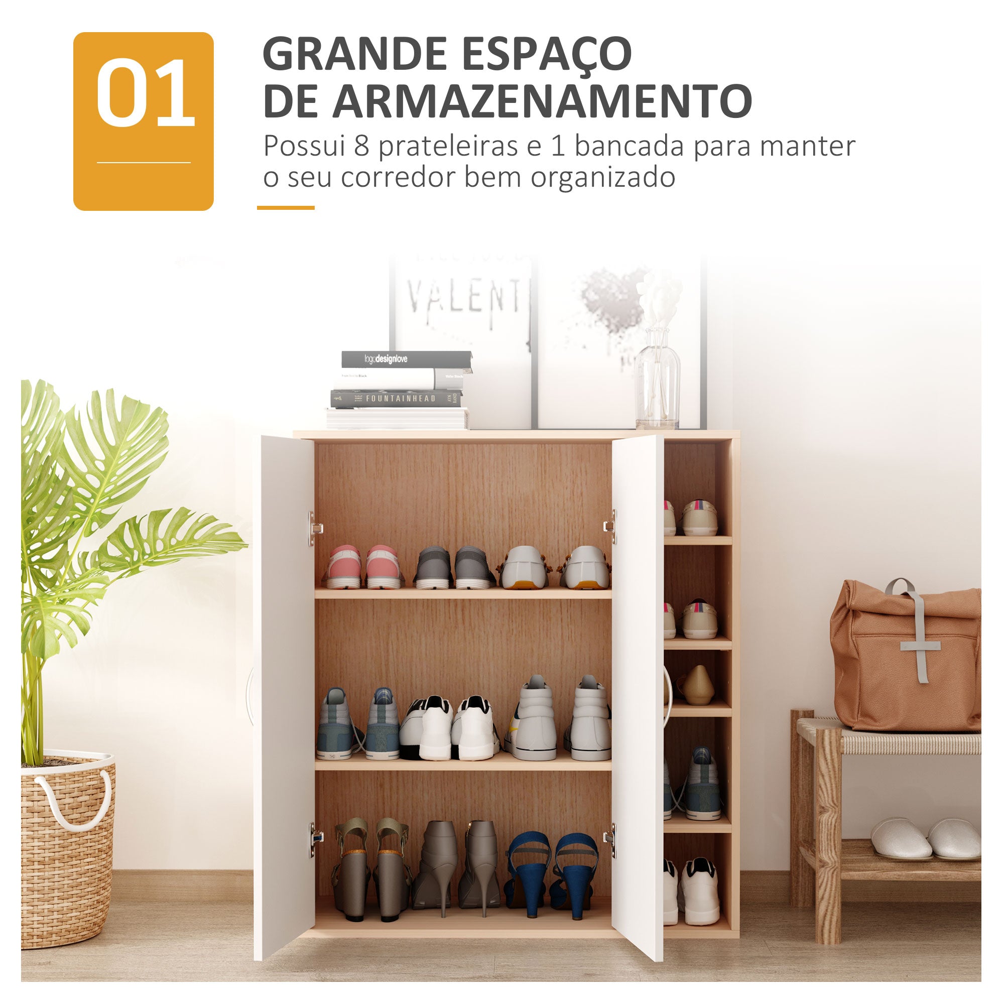 Sapateira Armário com 80x32x91 cm em Madeira e Branco