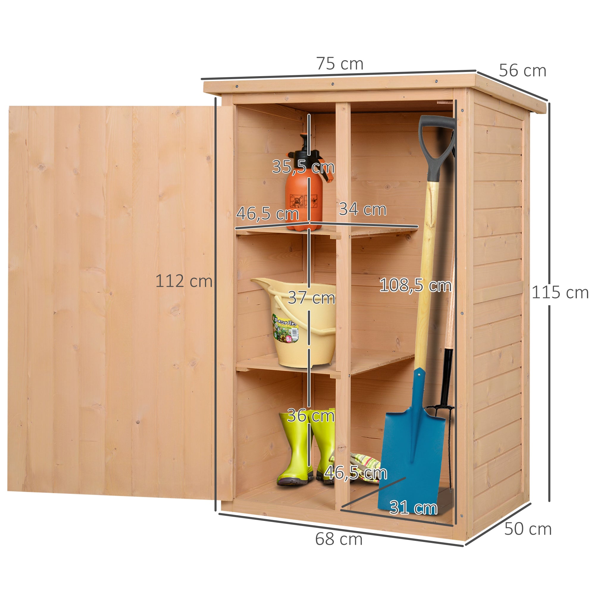 Armário de Jardim de Madeira Natural 75x56x115cm com 3 Prateleiras - Ideal para Ferramentas de Jardinagem
