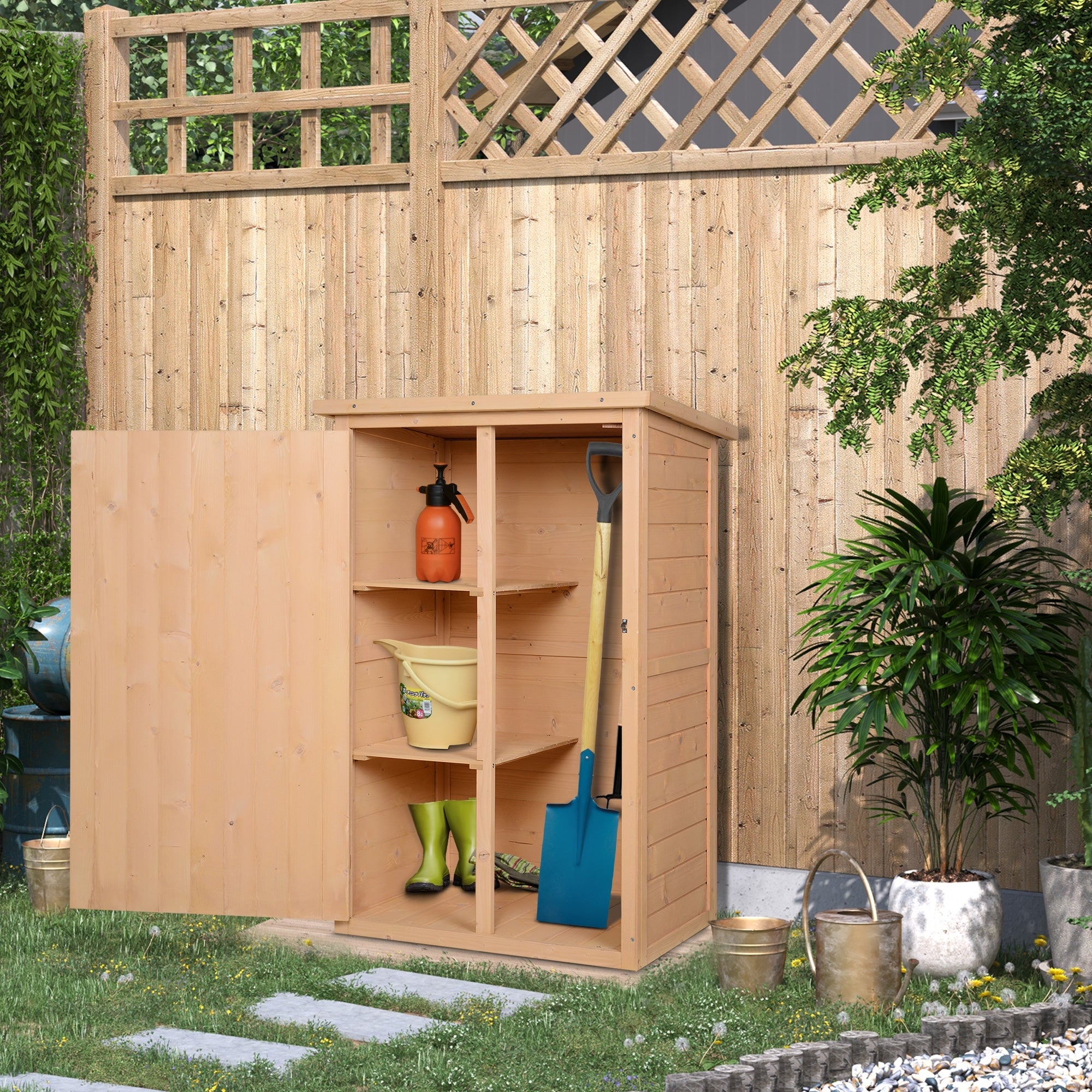 Armário de Jardim de Madeira Natural 75x56x115cm com 3 Prateleiras - Ideal para Ferramentas de Jardinagem