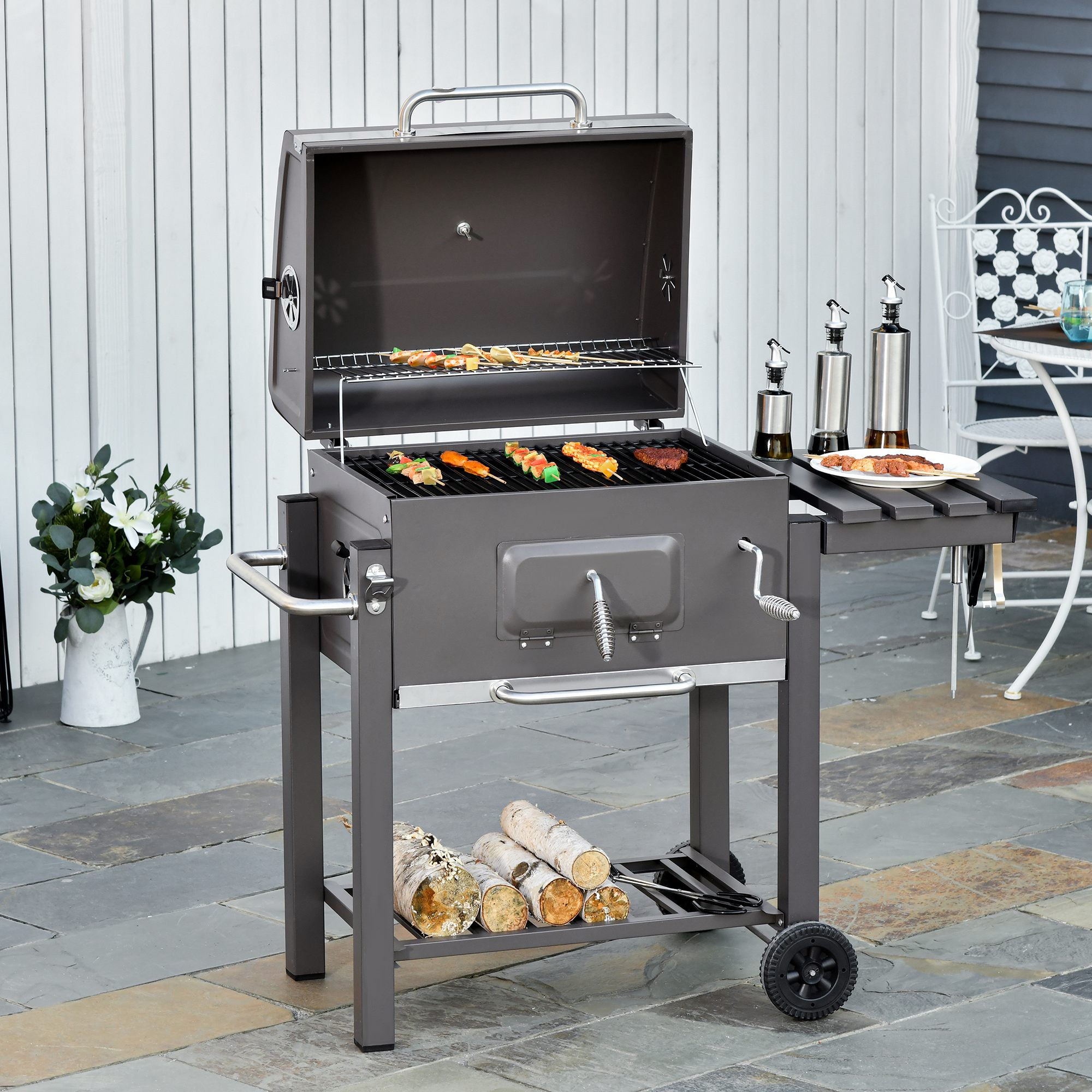 Barbecue a Carvão 115x56x108cm Cinza - Grelhador com Rodas e Termômetro