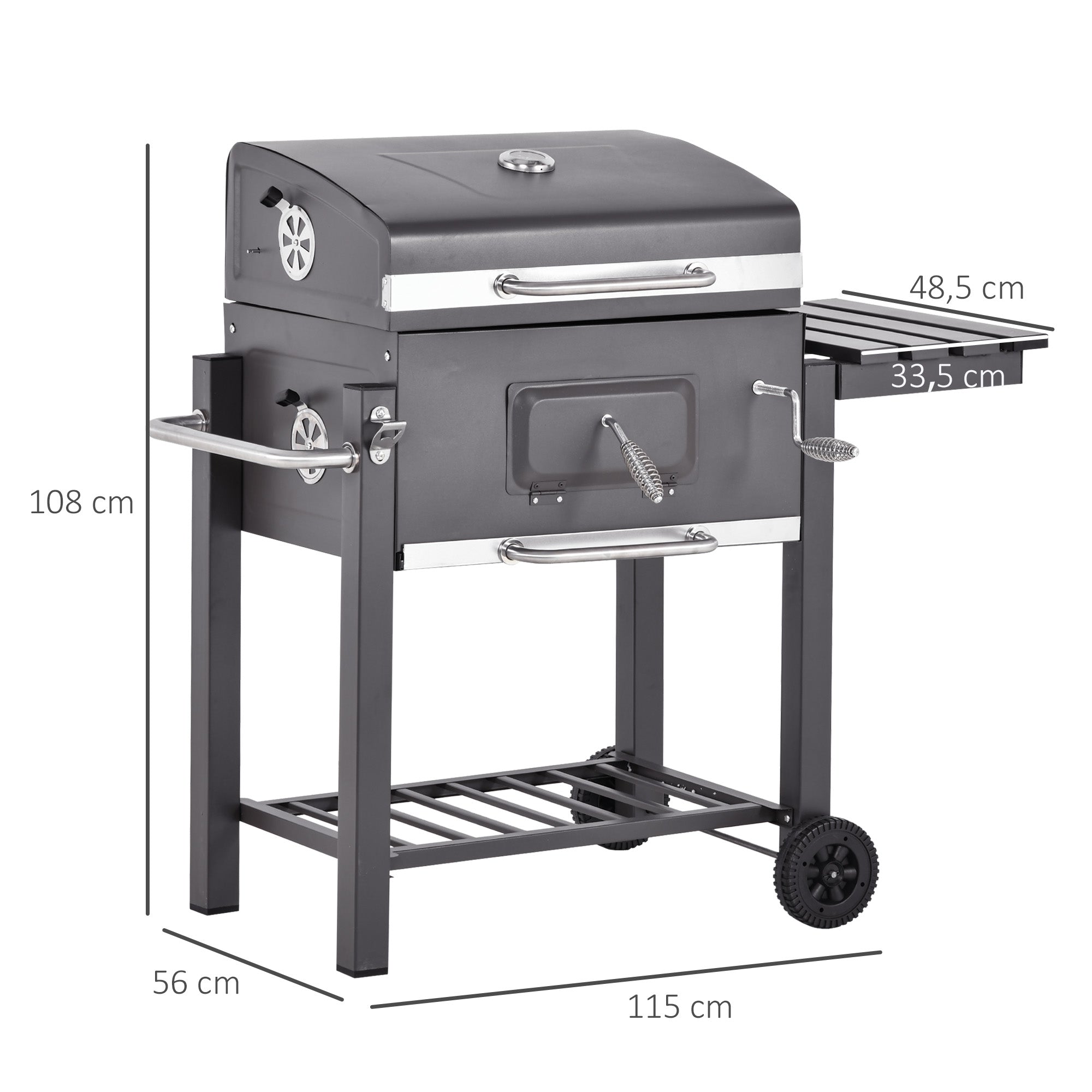 Barbecue a Carvão 115x56x108cm Cinza - Grelhador com Rodas e Termômetro