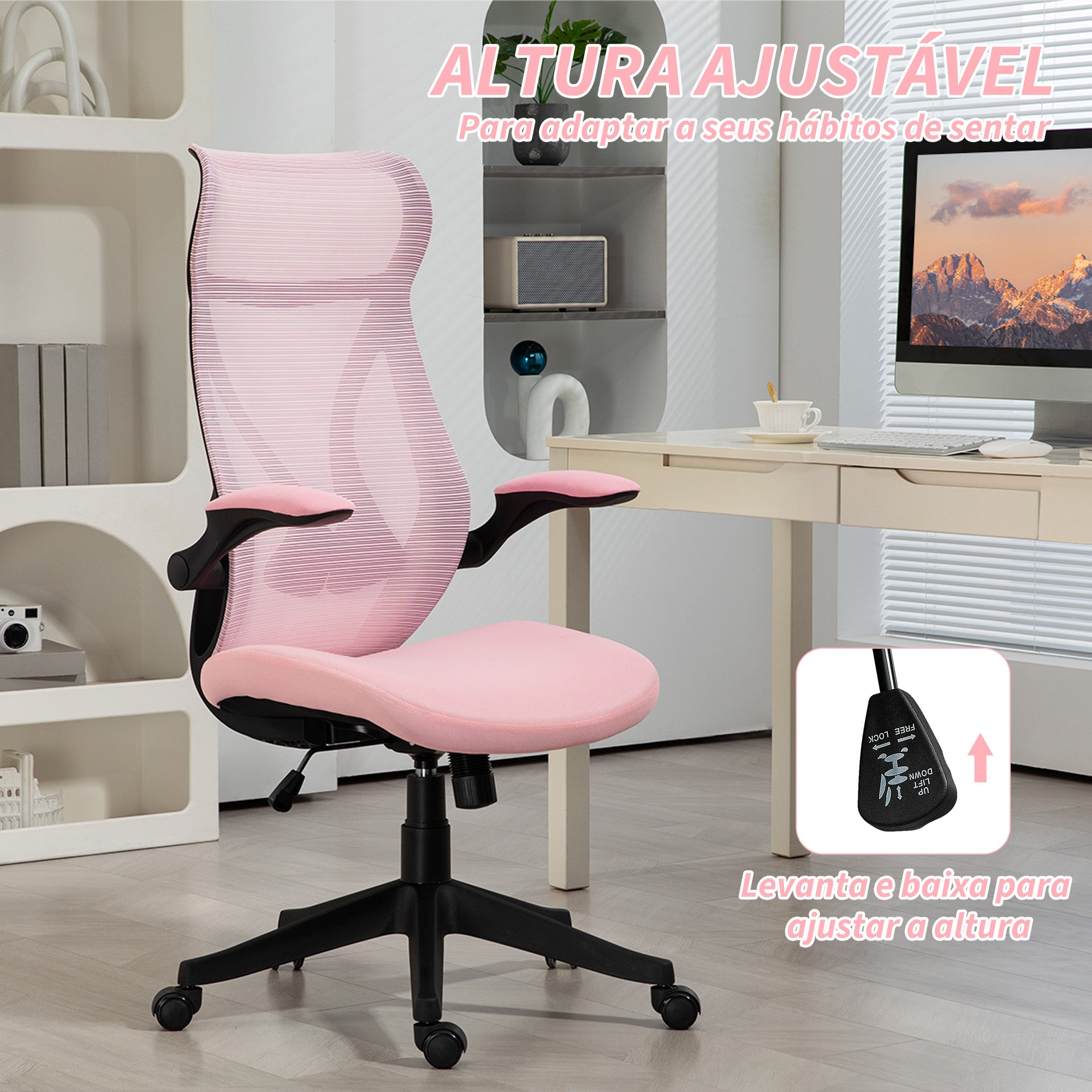 Cadeira de Escritório em Malha Rosa 66x66x113-121 cm - Conforto e Versatilidade