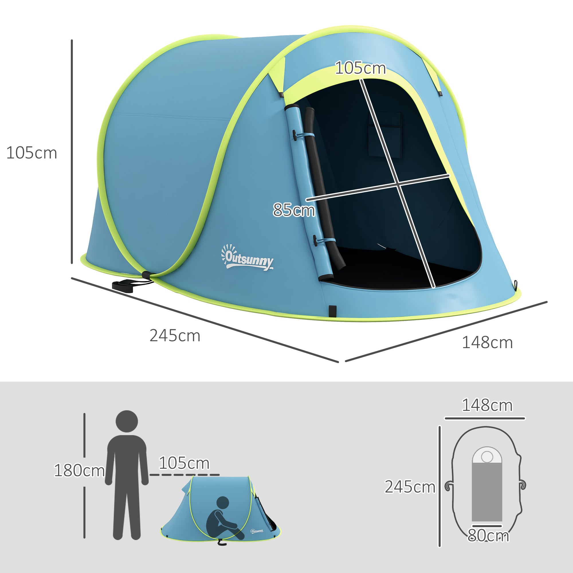 Tenda de Campismo para 1-2 Pessoas Azul 245x148x105 cm