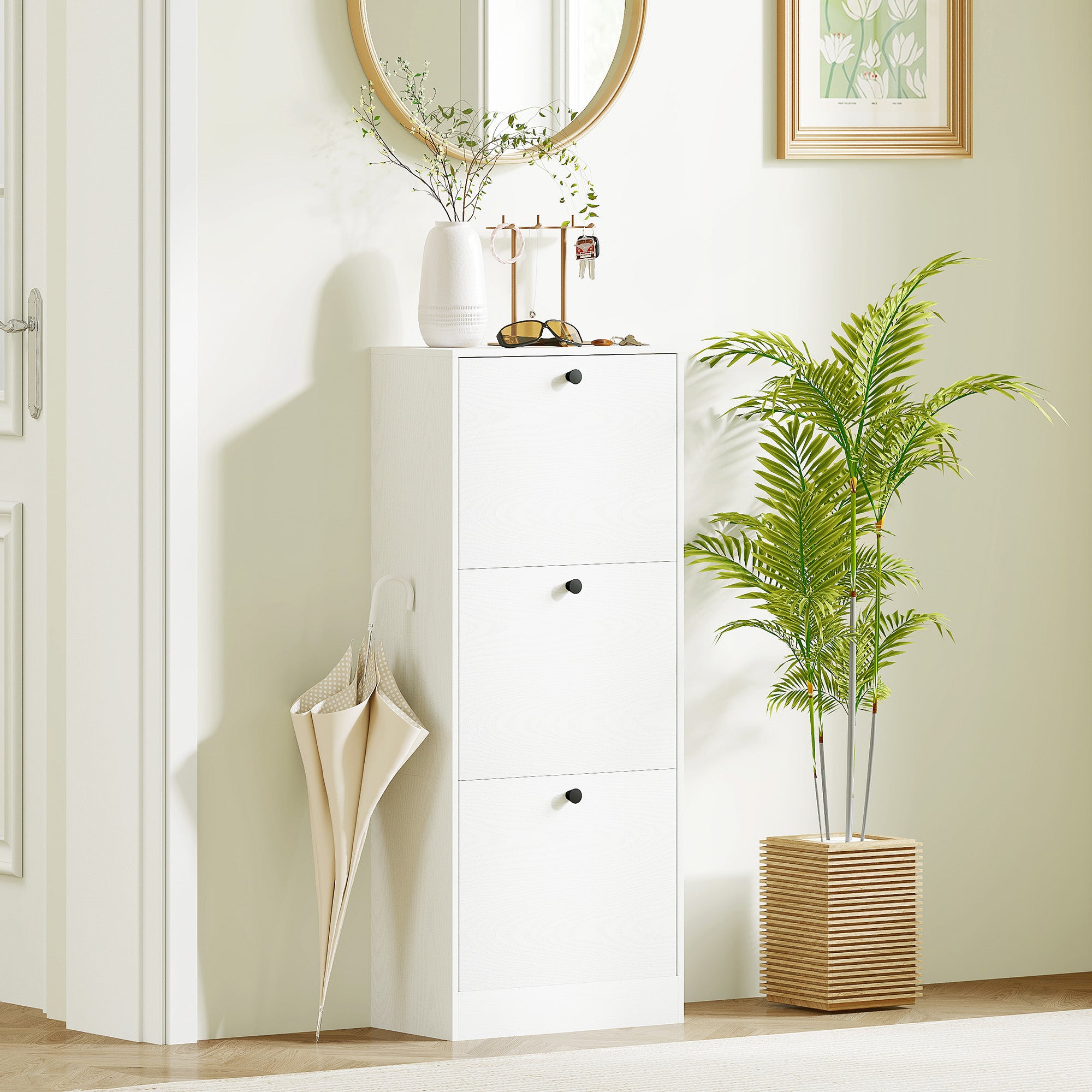 Sapateira Estreita com 3 Portas Abatíveis para 12 Pares de Sapatos - 47x28x115 cm - Branco