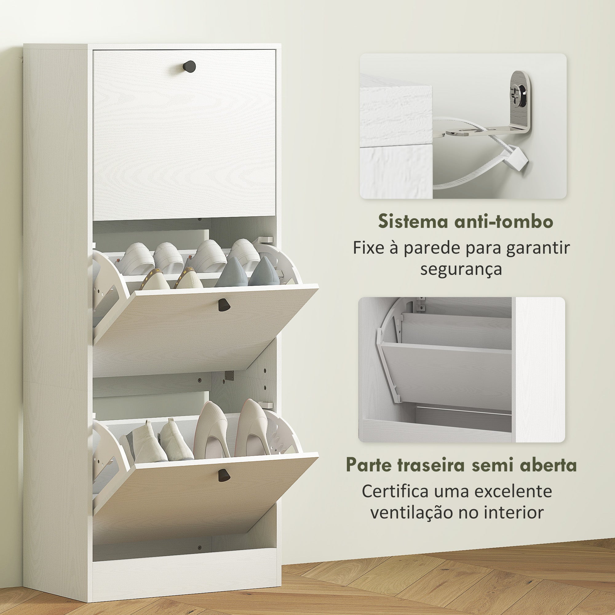 Sapateira Estreita com 3 Portas Abatíveis para 12 Pares de Sapatos - 47x28x115 cm - Branco