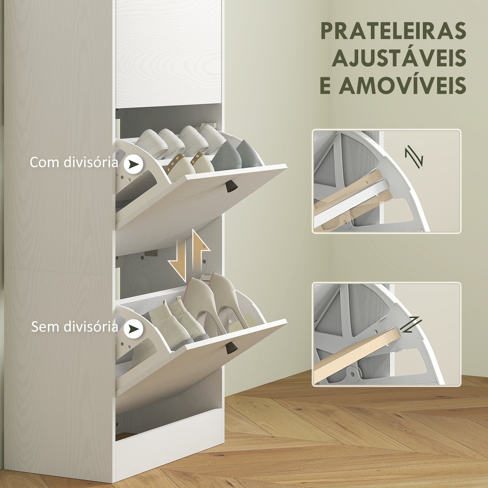 Sapateira Estreita com 3 Portas Abatíveis para 12 Pares de Sapatos - 47x28x115 cm - Branco