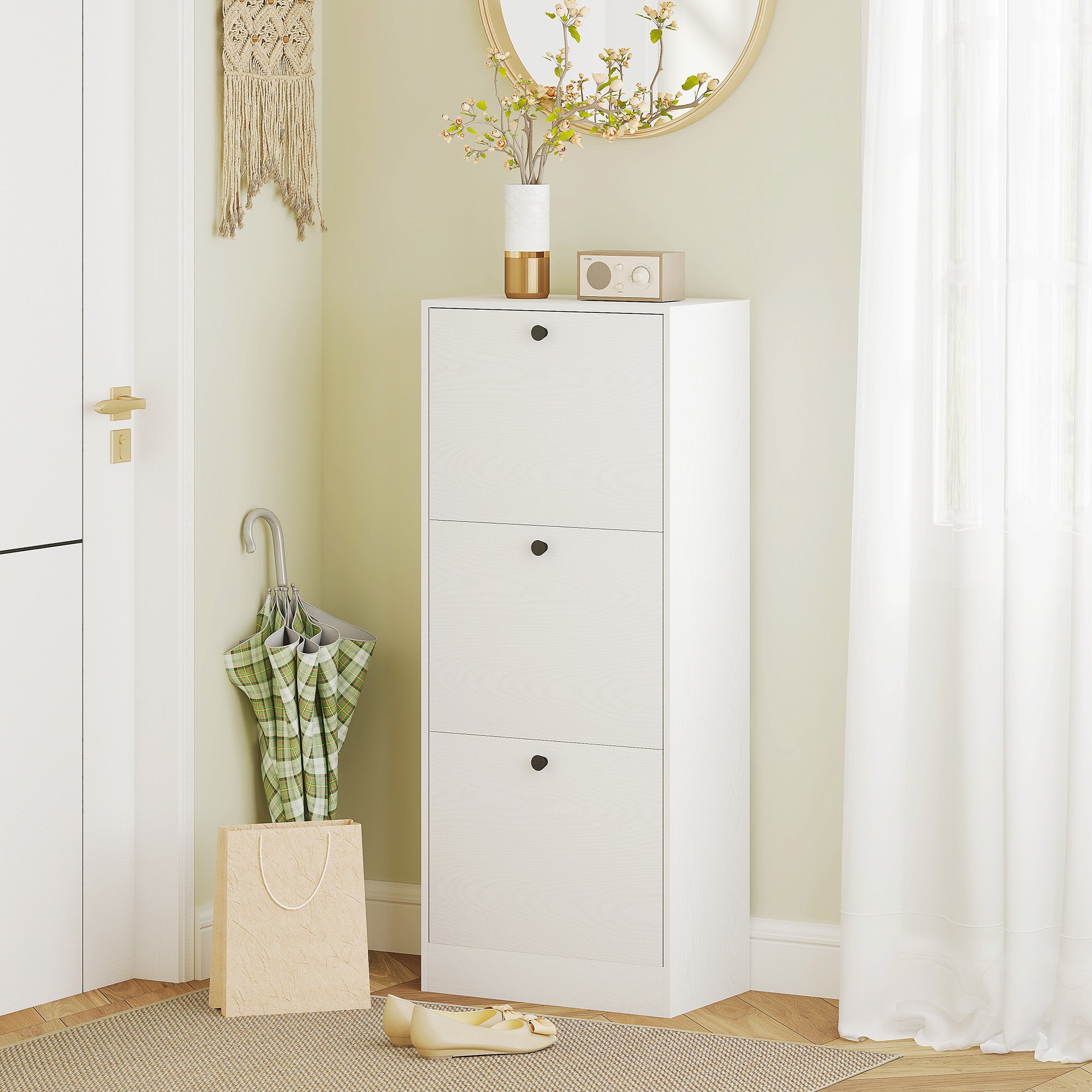 Sapateira Estreita com 3 Portas Abatíveis para 12 Pares de Sapatos - 47x28x115 cm - Branco