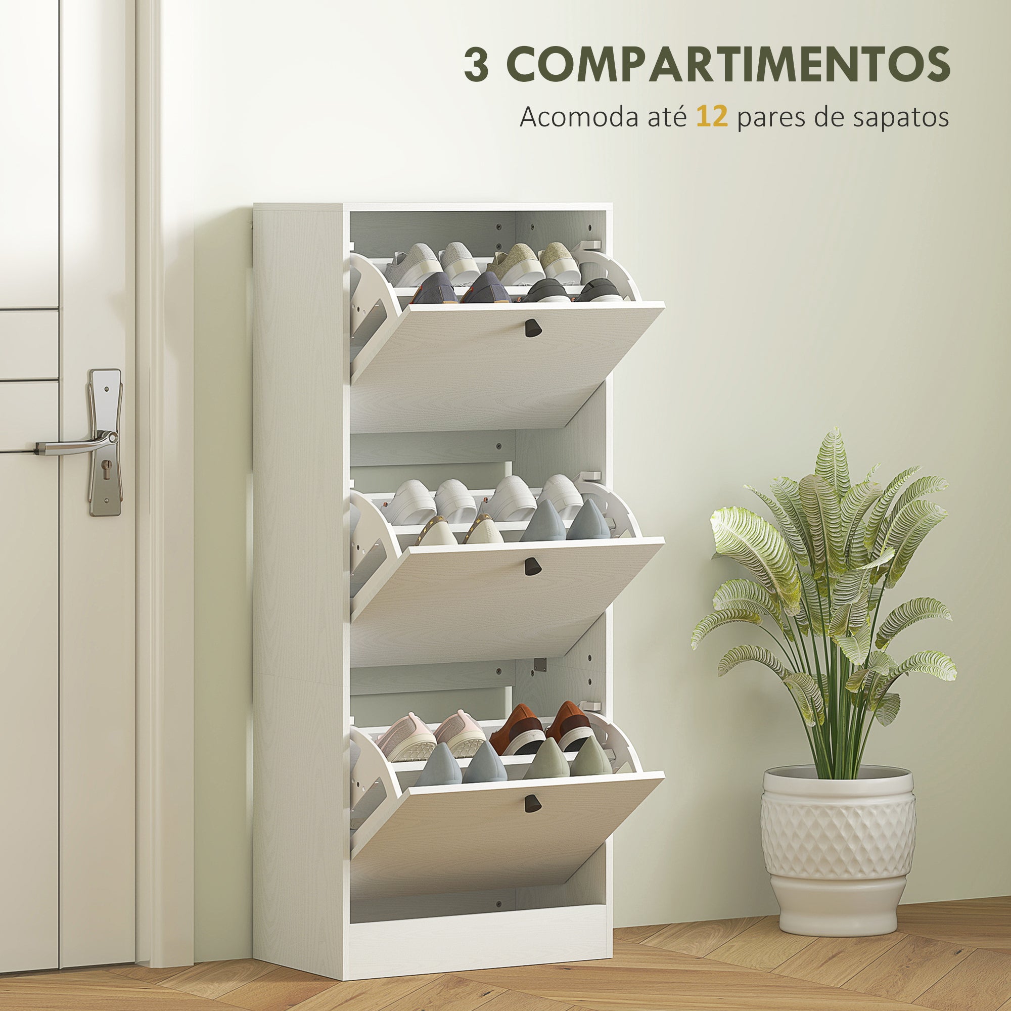 Sapateira Estreita com 3 Portas Abatíveis para 12 Pares de Sapatos - 47x28x115 cm - Branco