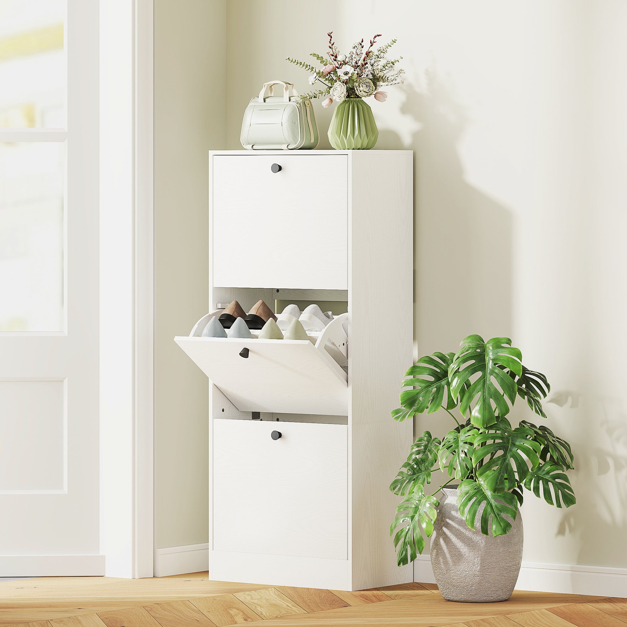 Sapateira Estreita com 3 Portas Abatíveis para 12 Pares de Sapatos - 47x28x115 cm - Branco