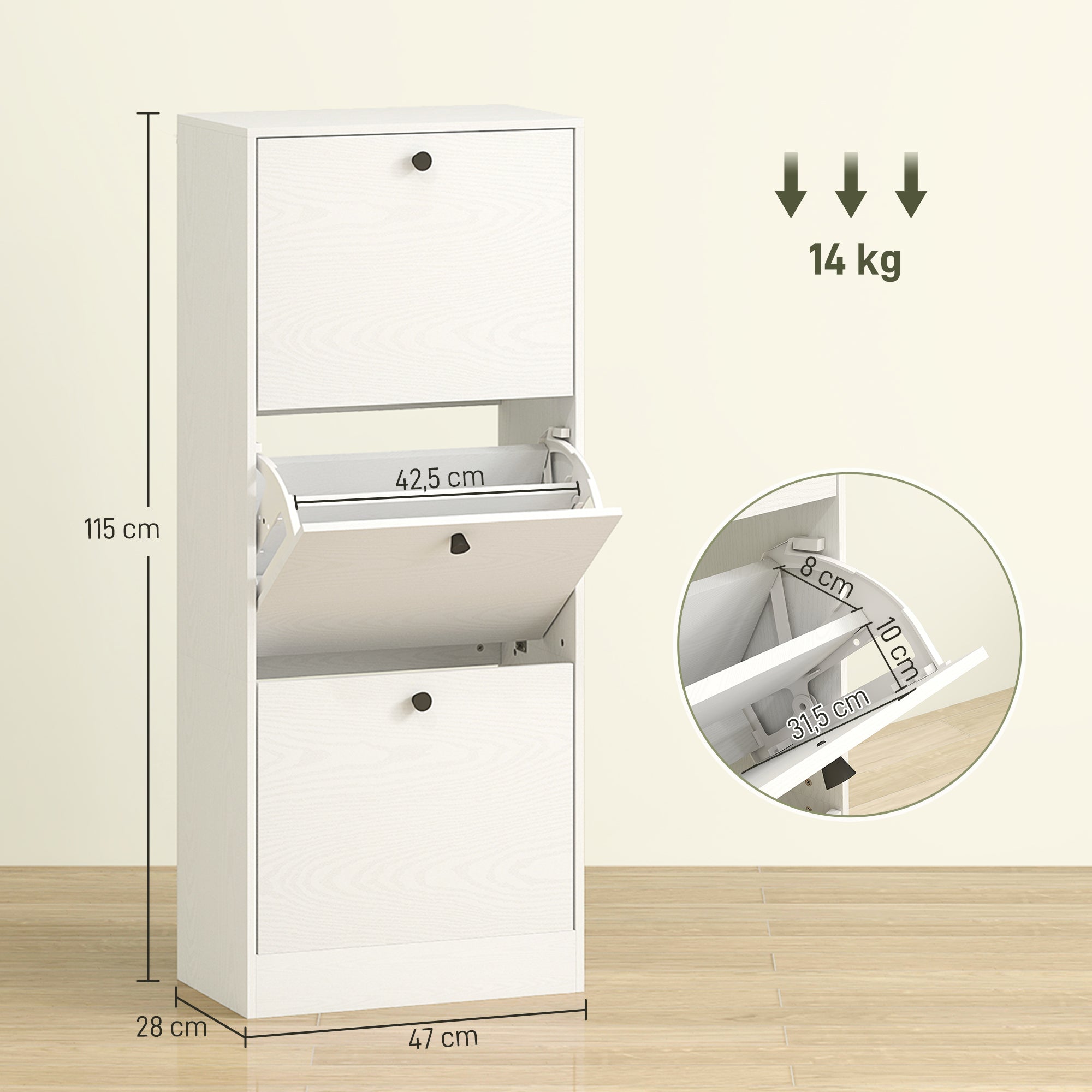 Sapateira Estreita com 3 Portas Abatíveis para 12 Pares de Sapatos - 47x28x115 cm - Branco