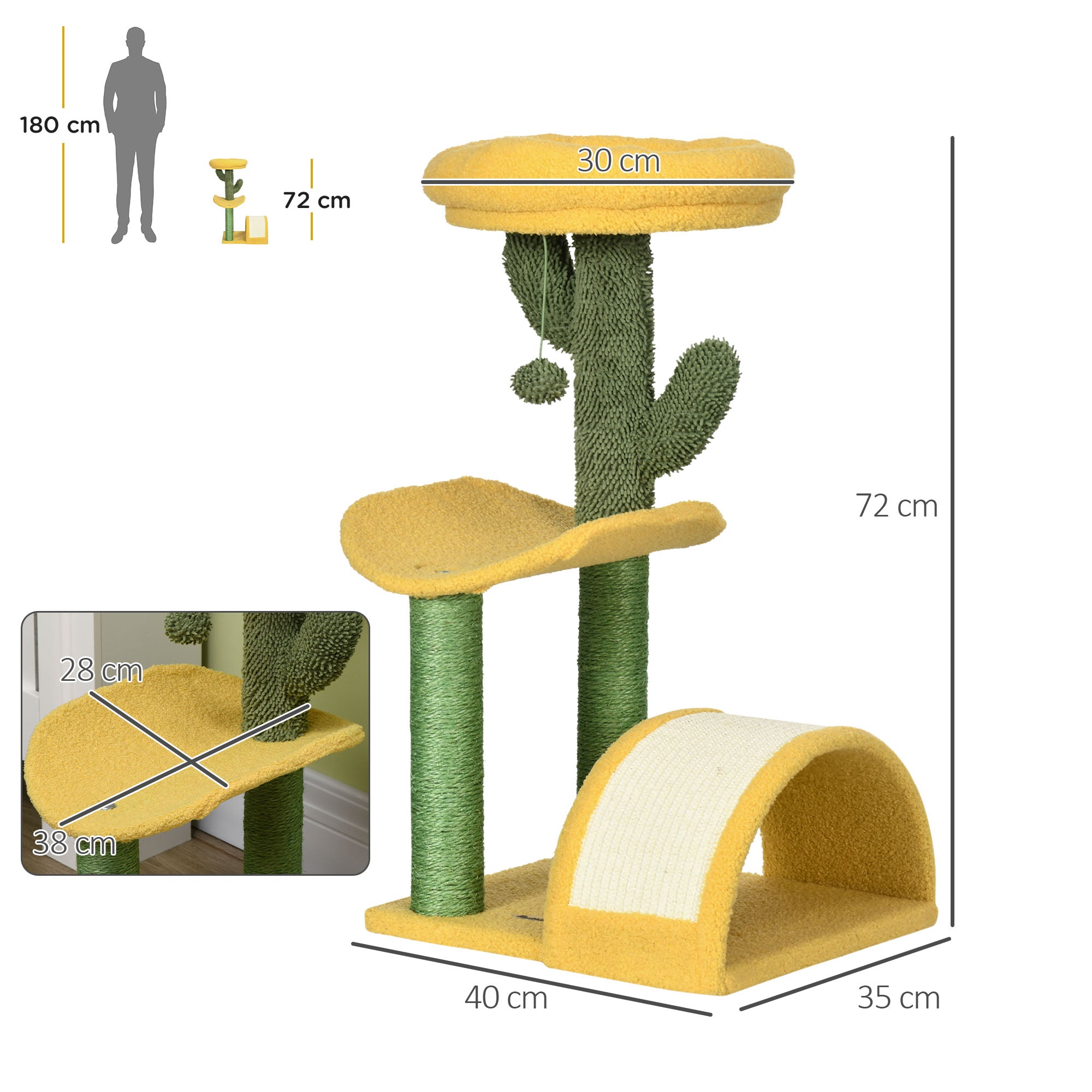 Centro de Atividades para Gatos com Árvore Arranhador 40x35x72 cm Verde e Amarelo