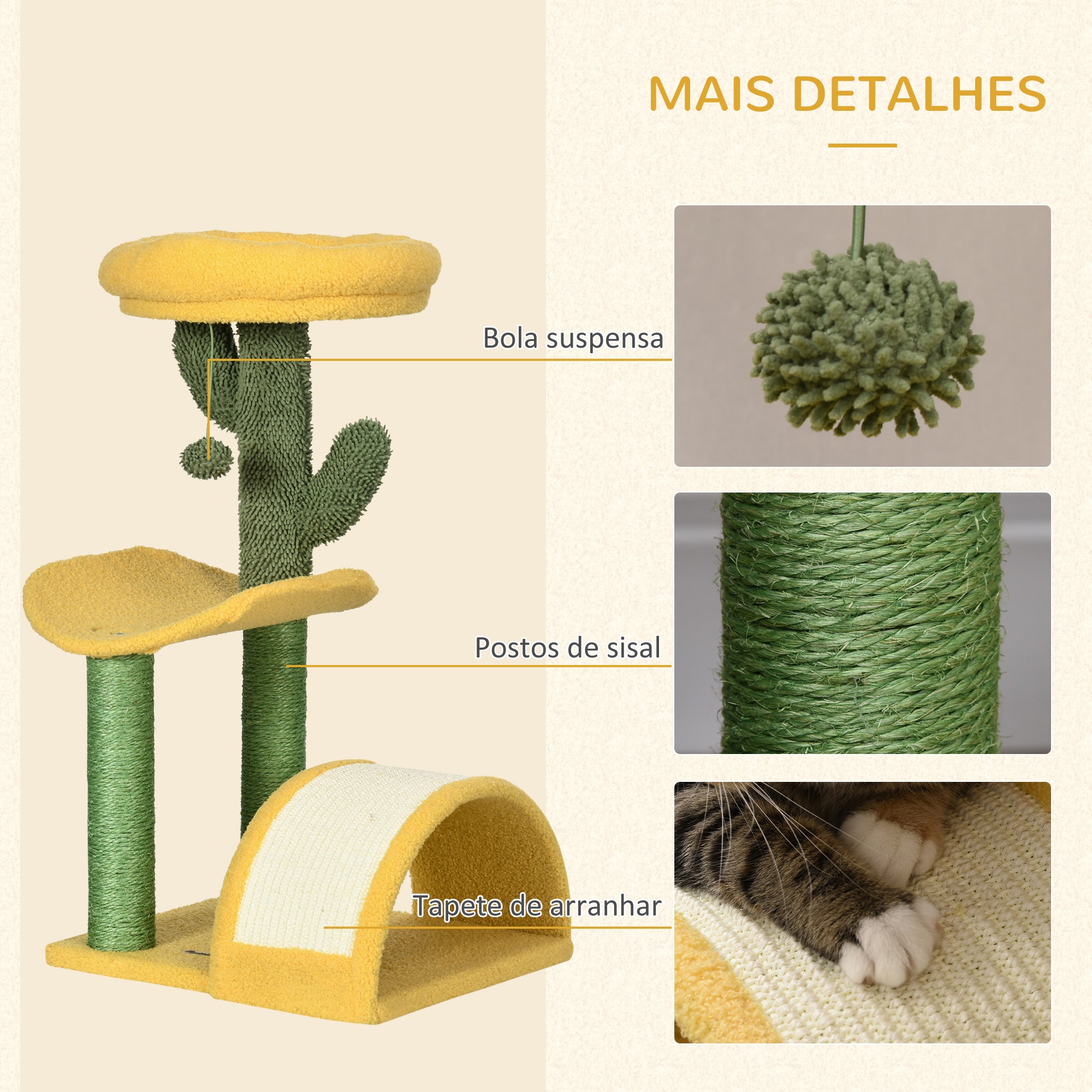 Centro de Atividades para Gatos com Árvore Arranhador 40x35x72 cm Verde e Amarelo