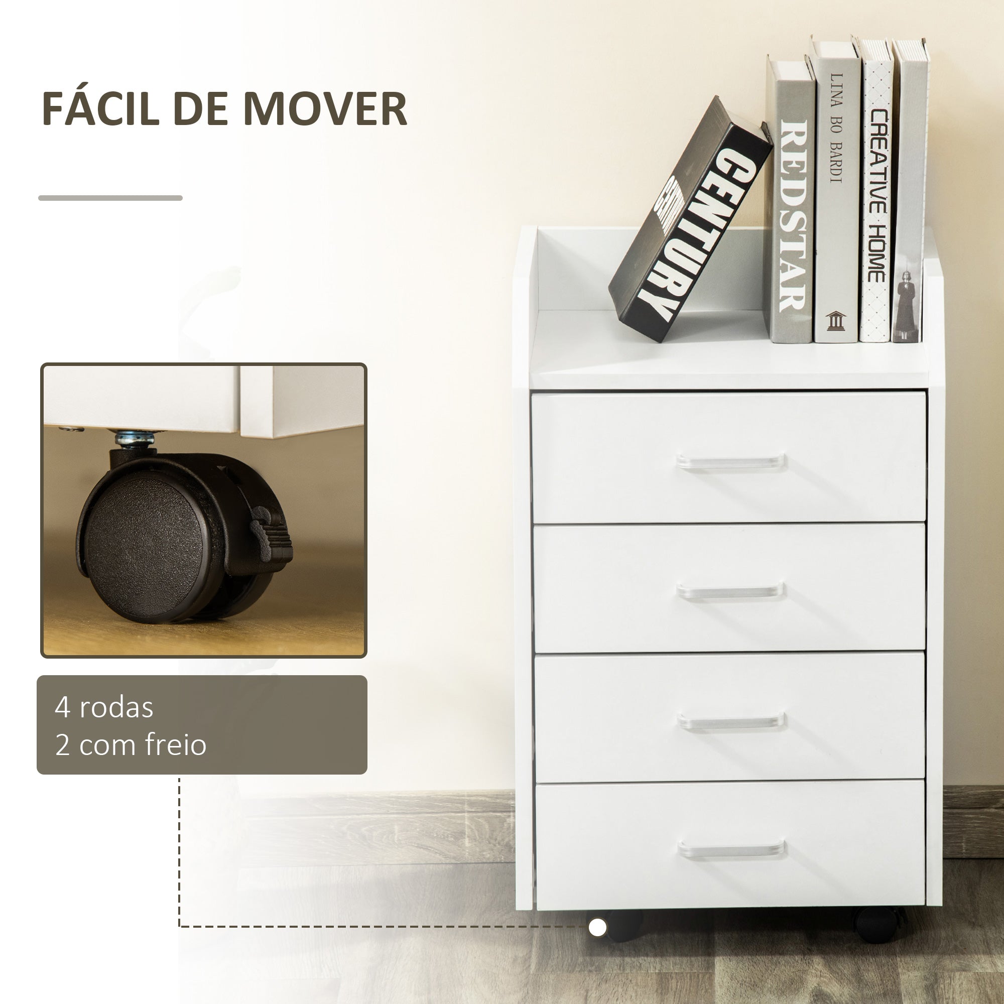 Bloco de Gavetas Móvel Auxiliar 40x36x65cm Branco