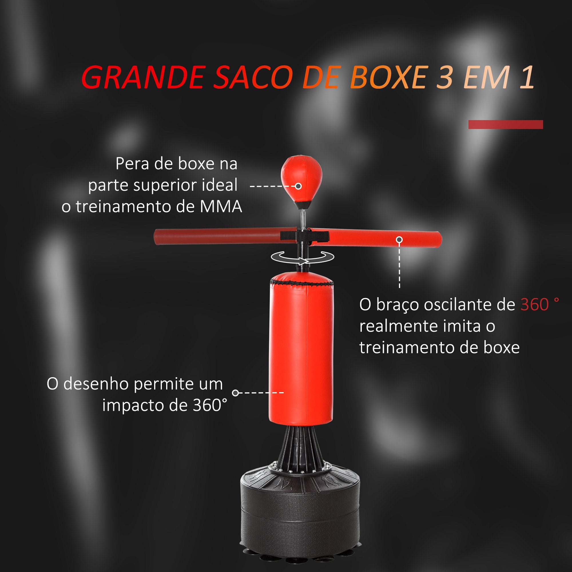 Punching Ball de Boxe com Altura Ajustável 88x48x155-205 cm - Preto e Vermelho