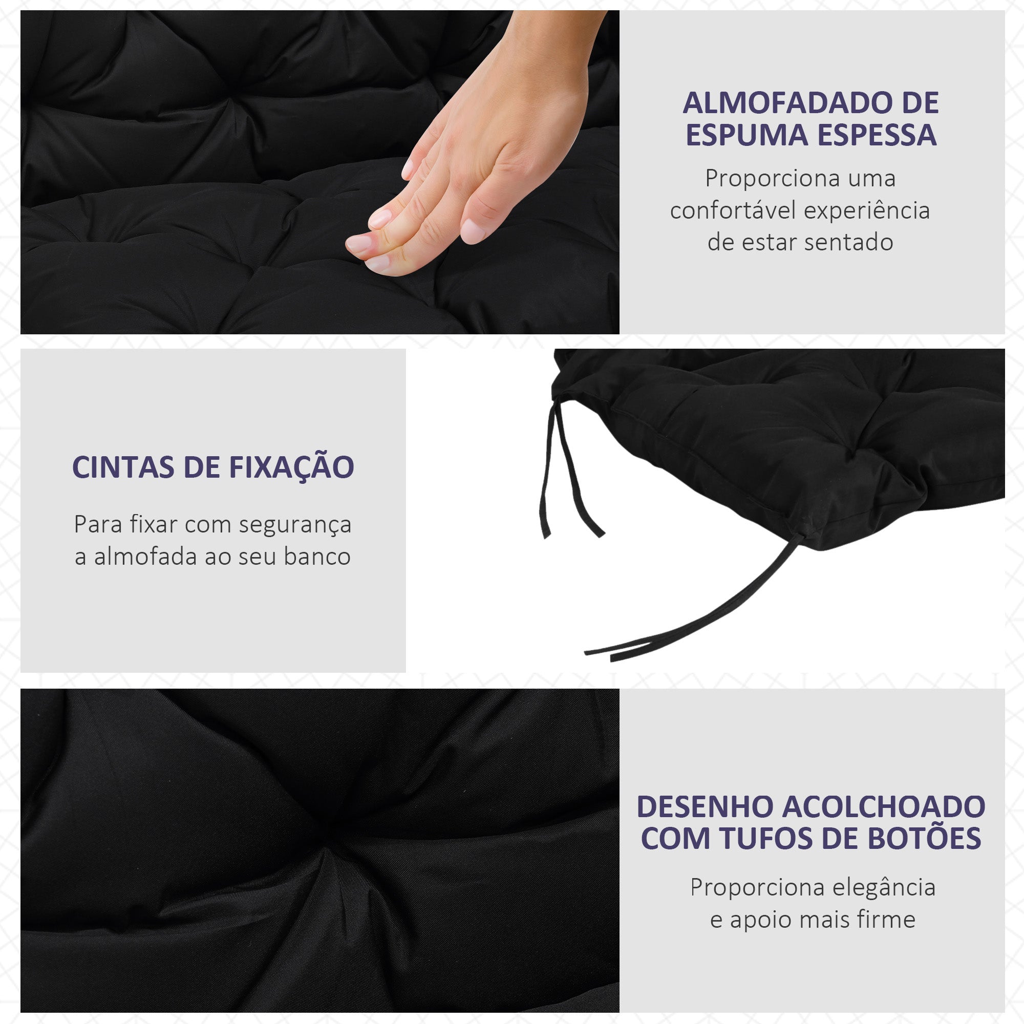 Almofada para Banco com Encosto 100x98x8 cm - Cor Preto