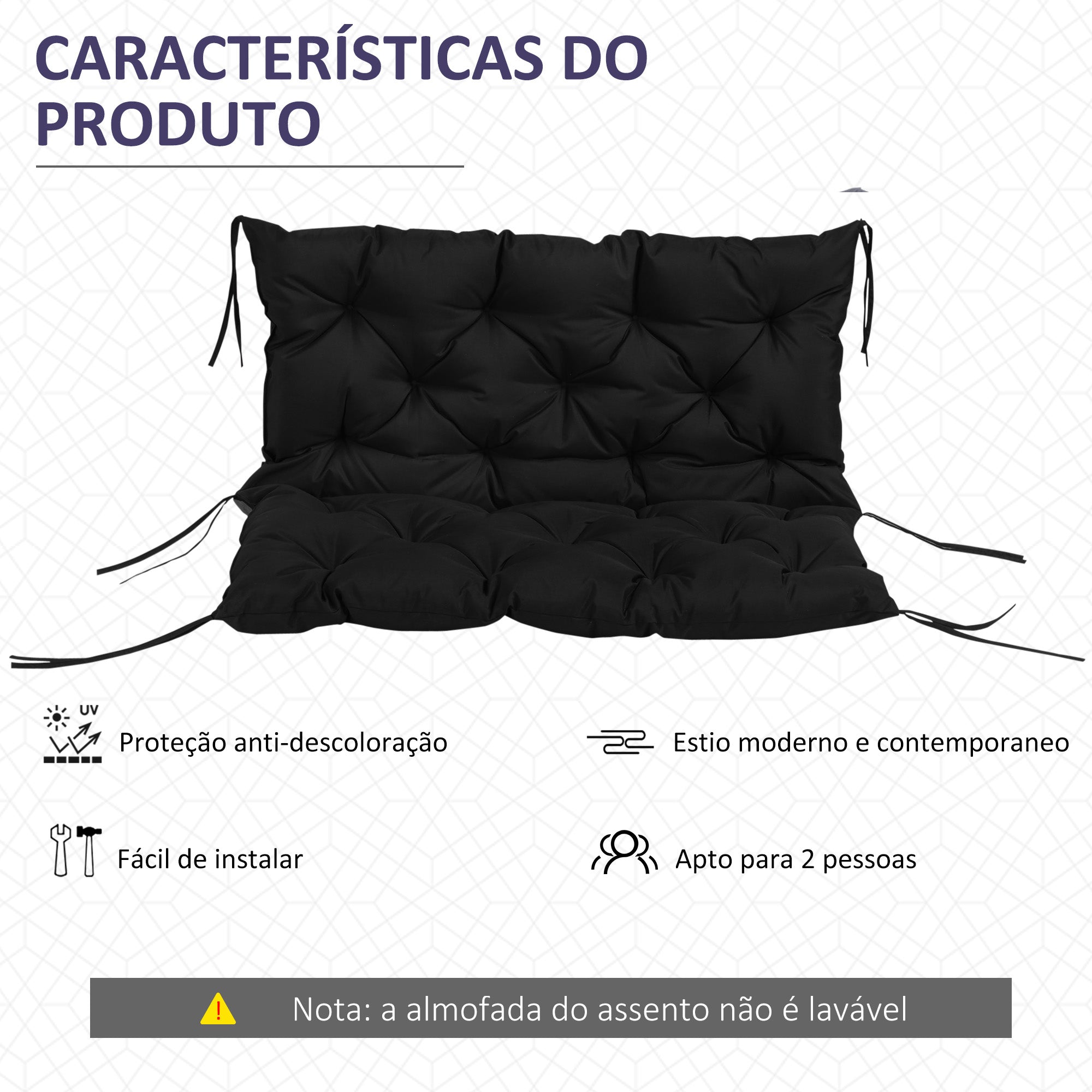 Almofada para Banco com Encosto 100x98x8 cm - Cor Preto