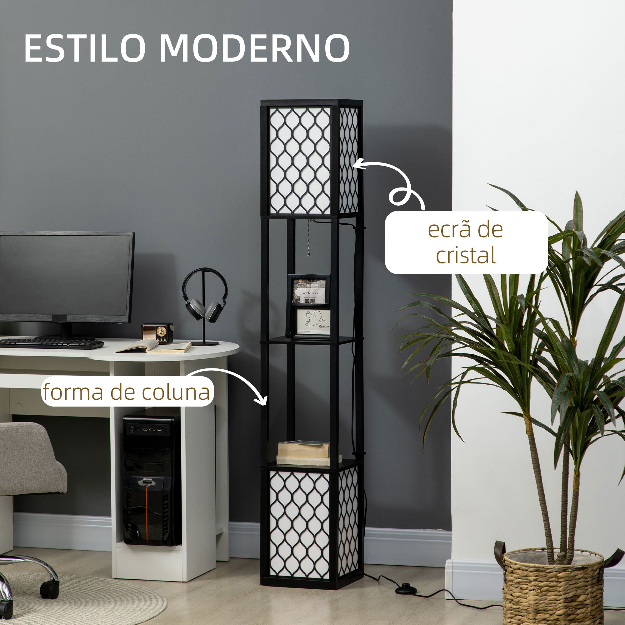 Candeeiro de Pé Moderno com Estantes 26x26x156cm - Preto