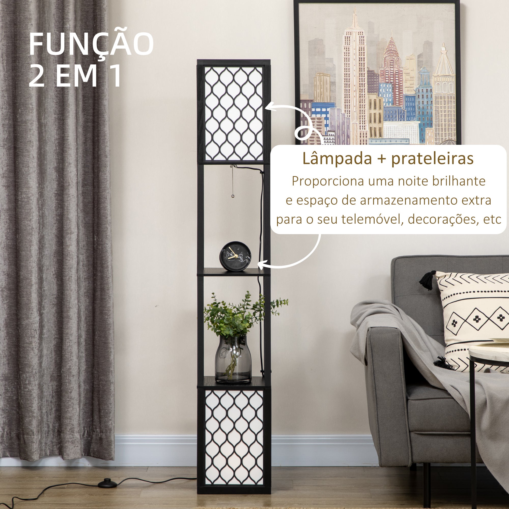 Candeeiro de Pé Moderno com Estantes 26x26x156cm - Preto