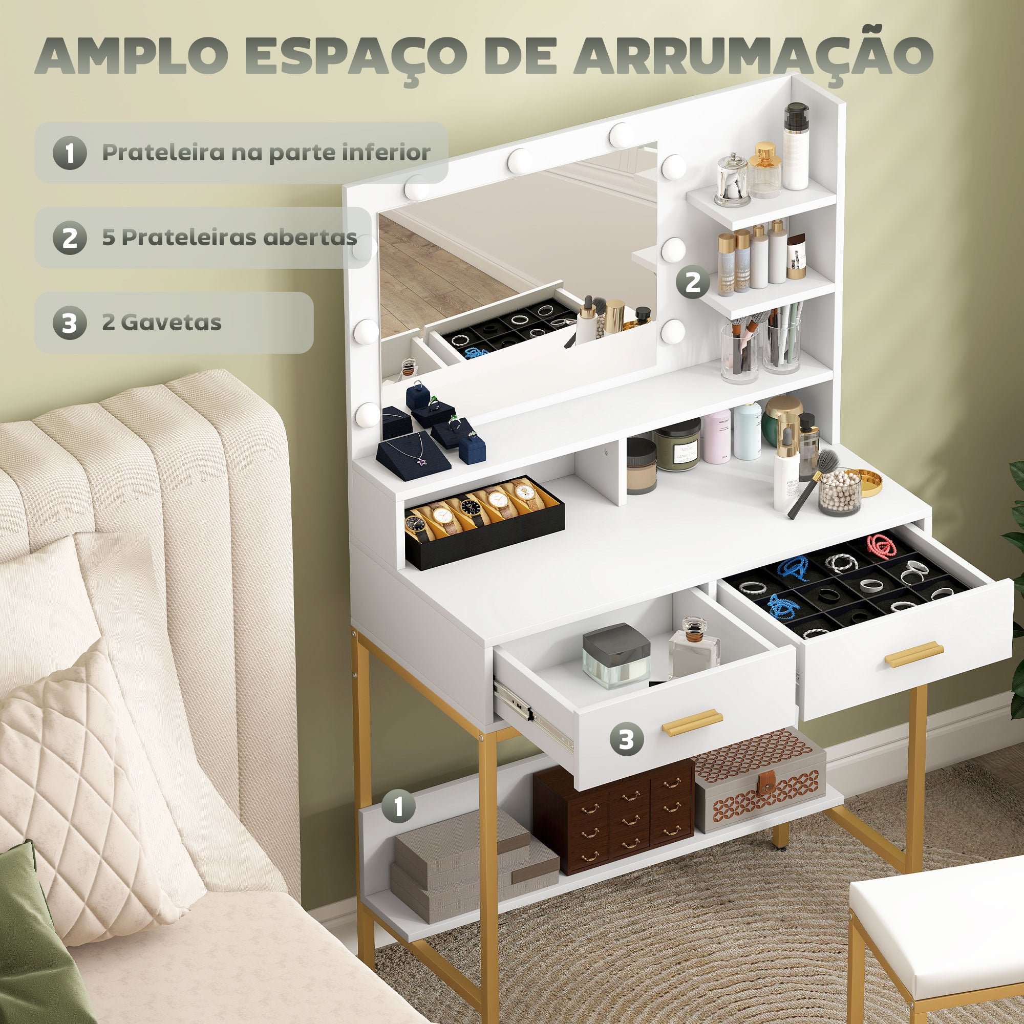 Toucador de Maquilhagem Branco 80x40x138 cm com Luz e Banco