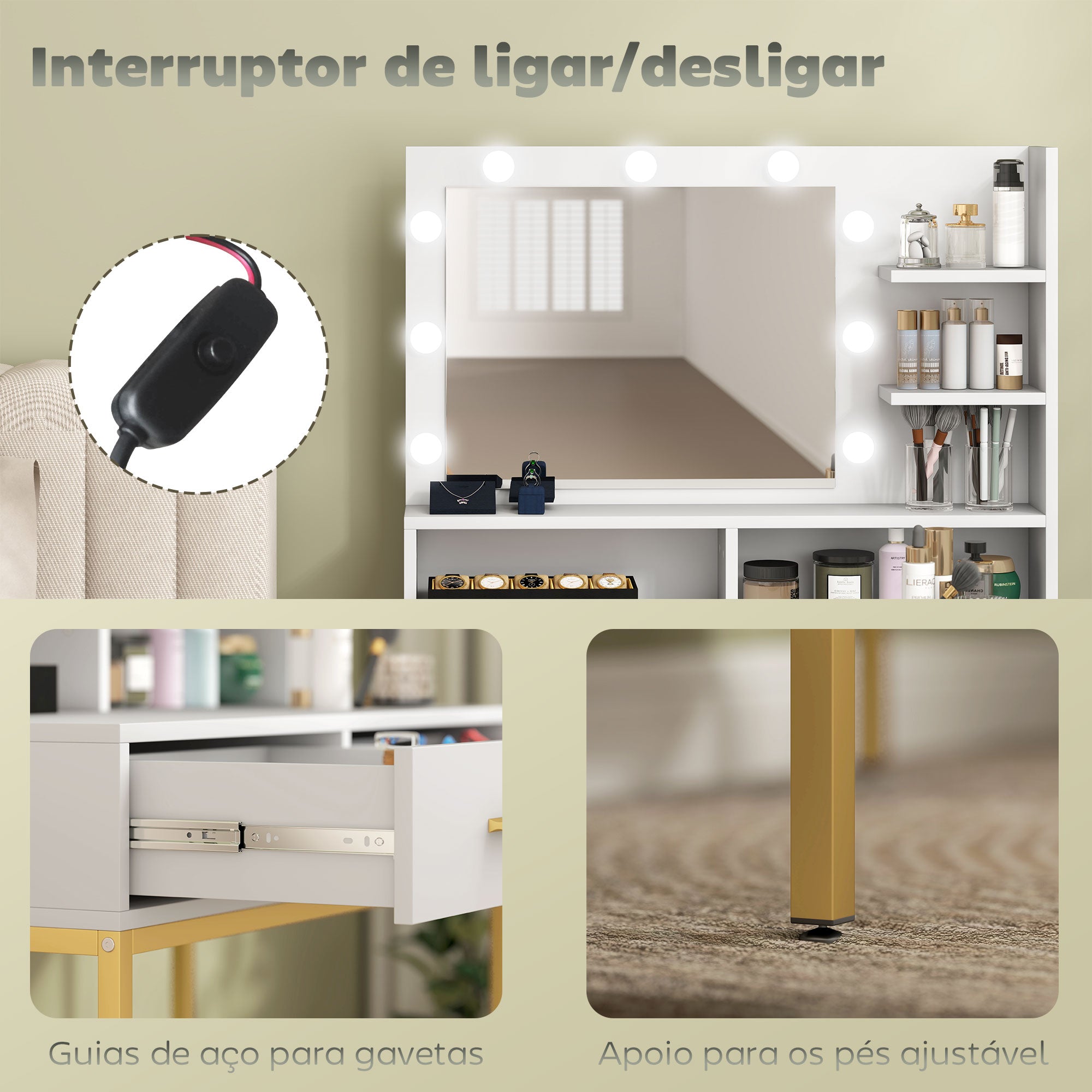 Toucador de Maquilhagem Branco 80x40x138 cm com Luz e Banco