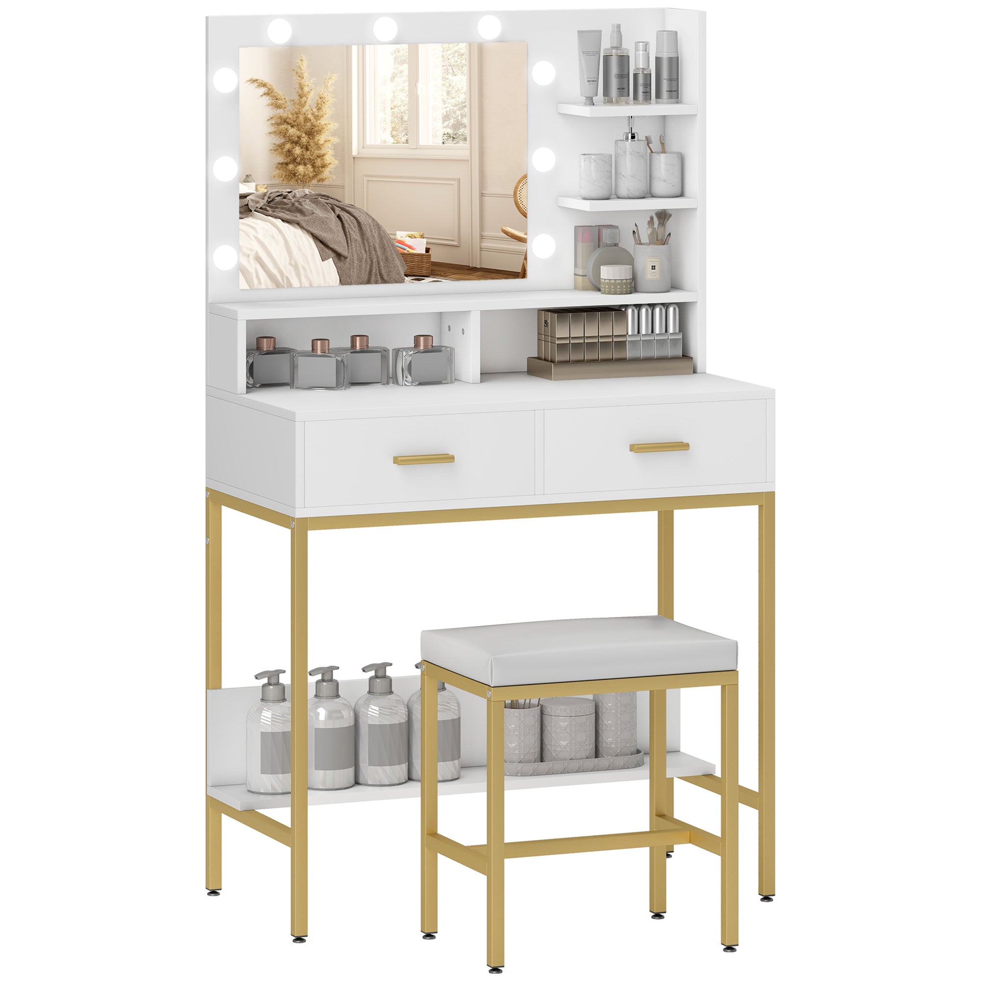 Toucador de Maquilhagem Branco 80x40x138 cm com Luz e Banco