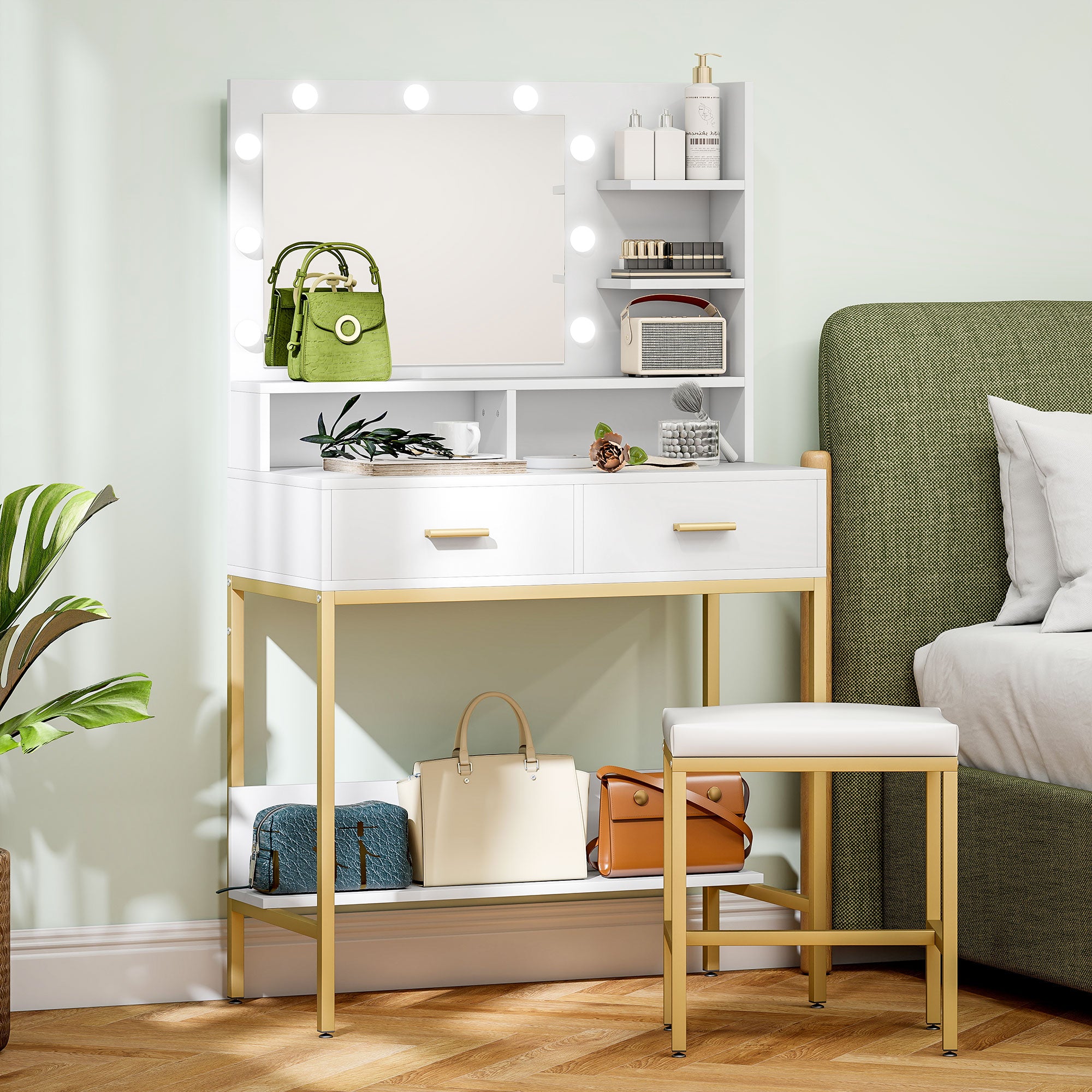 Toucador de Maquilhagem Branco 80x40x138 cm com Luz e Banco