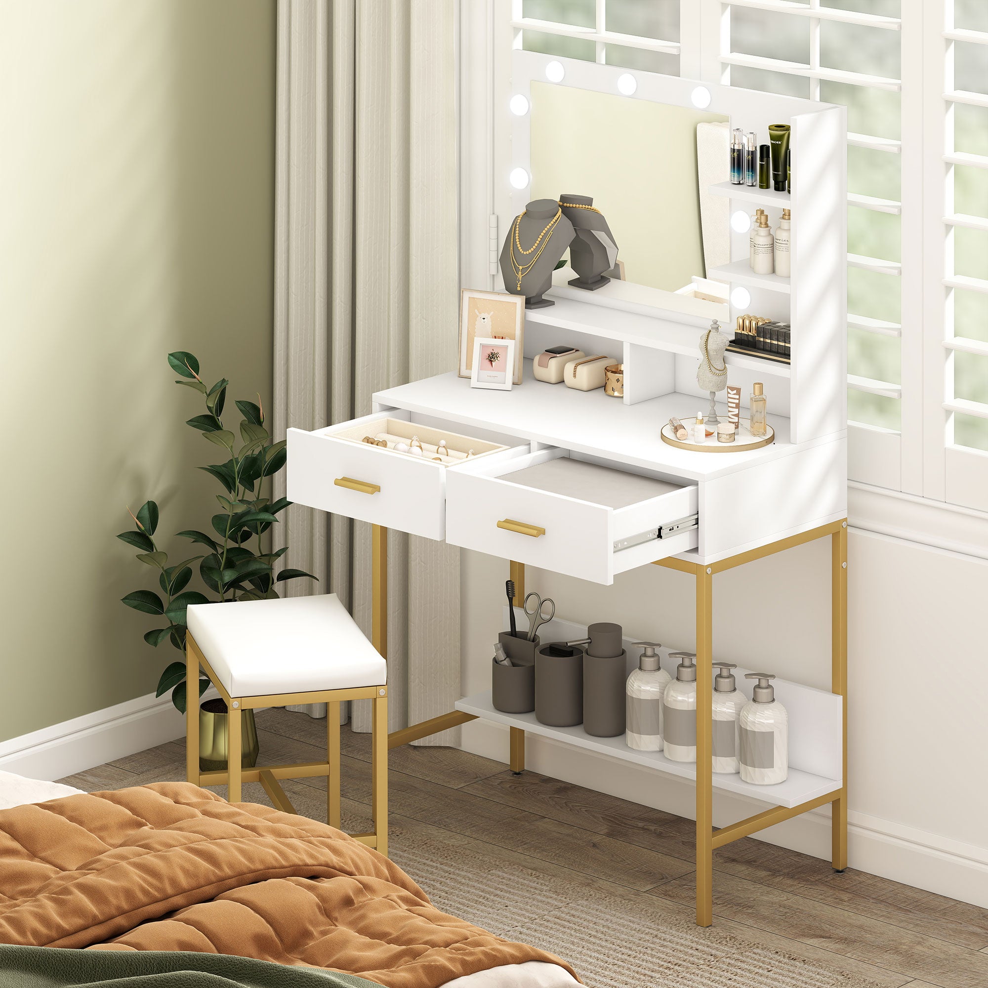 Toucador de Maquilhagem Branco 80x40x138 cm com Luz e Banco