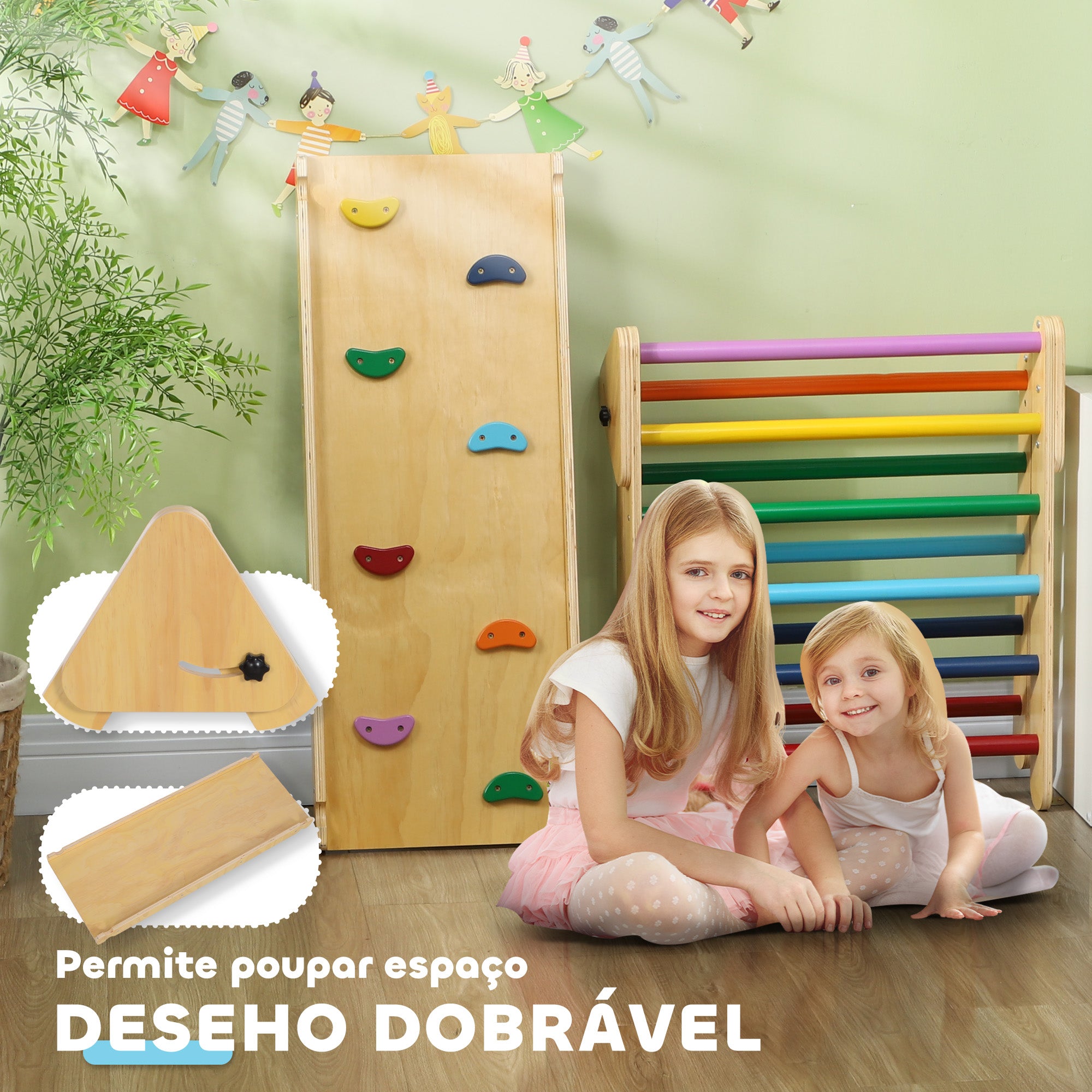 Triângulo de Escalada de Madeira Multicor 147x64,5x63 cm para Crianças de 18-48 Meses