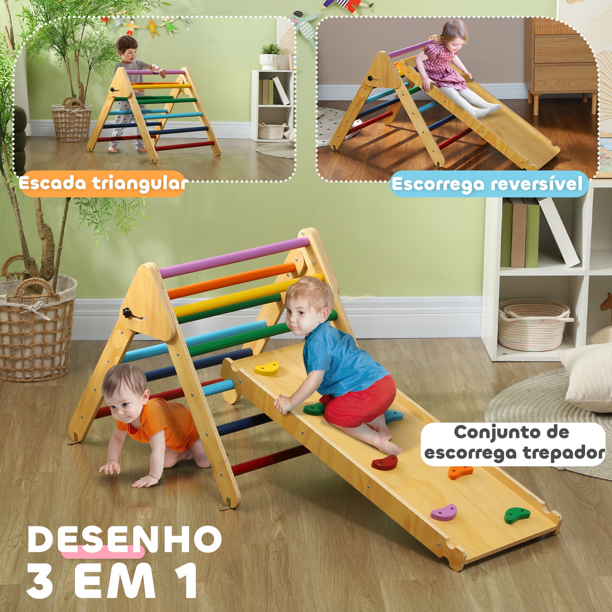 Triângulo de Escalada de Madeira Multicor 147x64,5x63 cm para Crianças de 18-48 Meses
