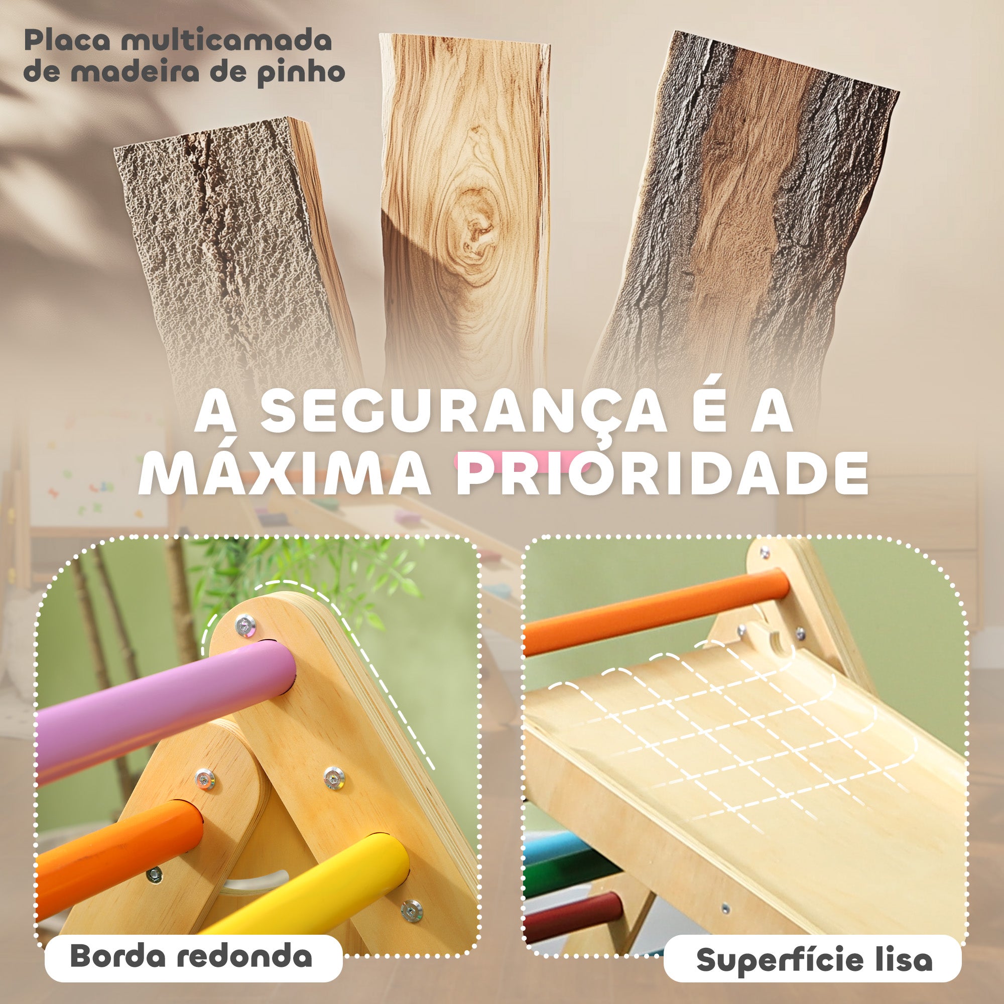 Triângulo de Escalada de Madeira Multicor 147x64,5x63 cm para Crianças de 18-48 Meses