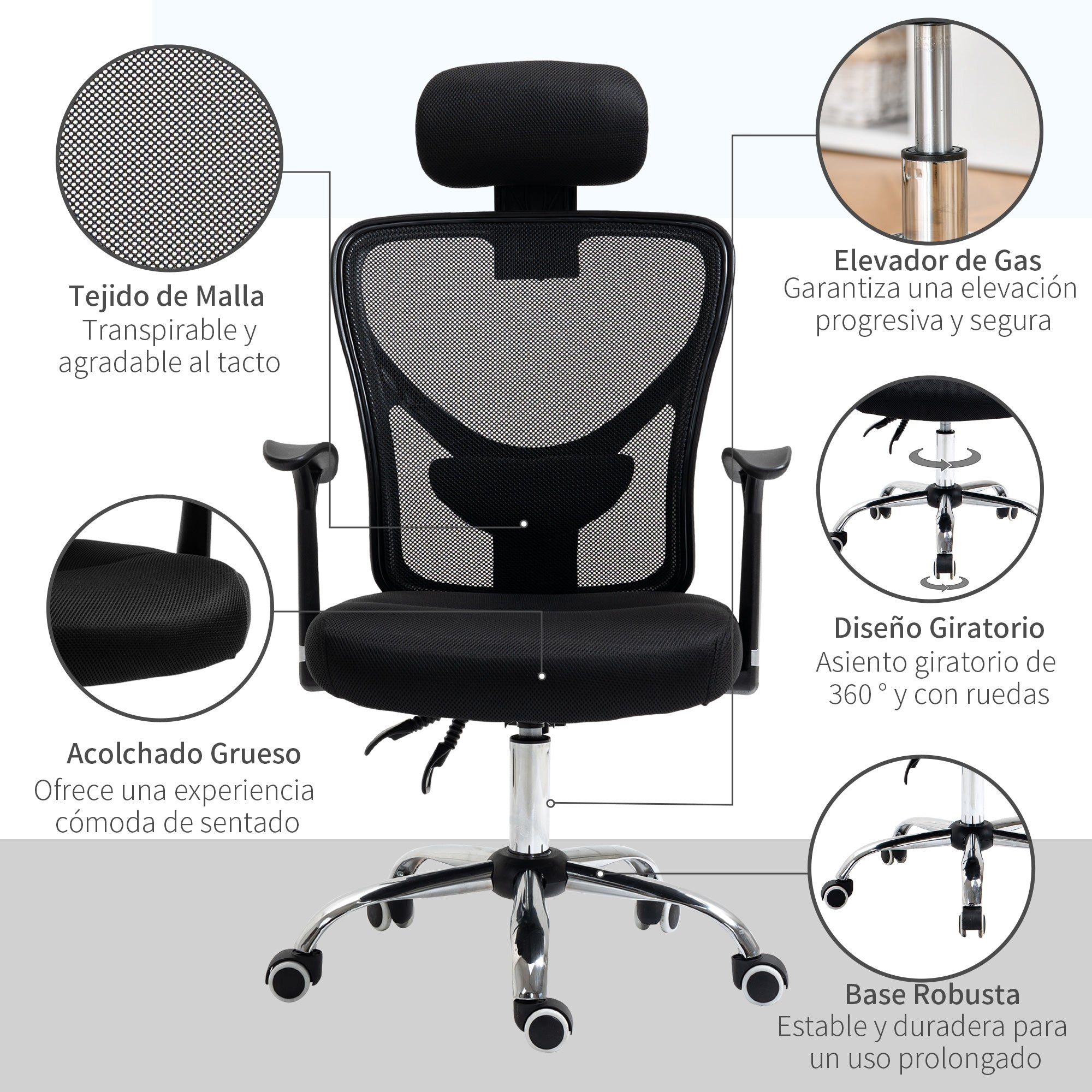 Cadeira de Escritório Ergonômica com Apoio para Cabeça e Suporte Lombar 65x67x118cm - Cor Preto