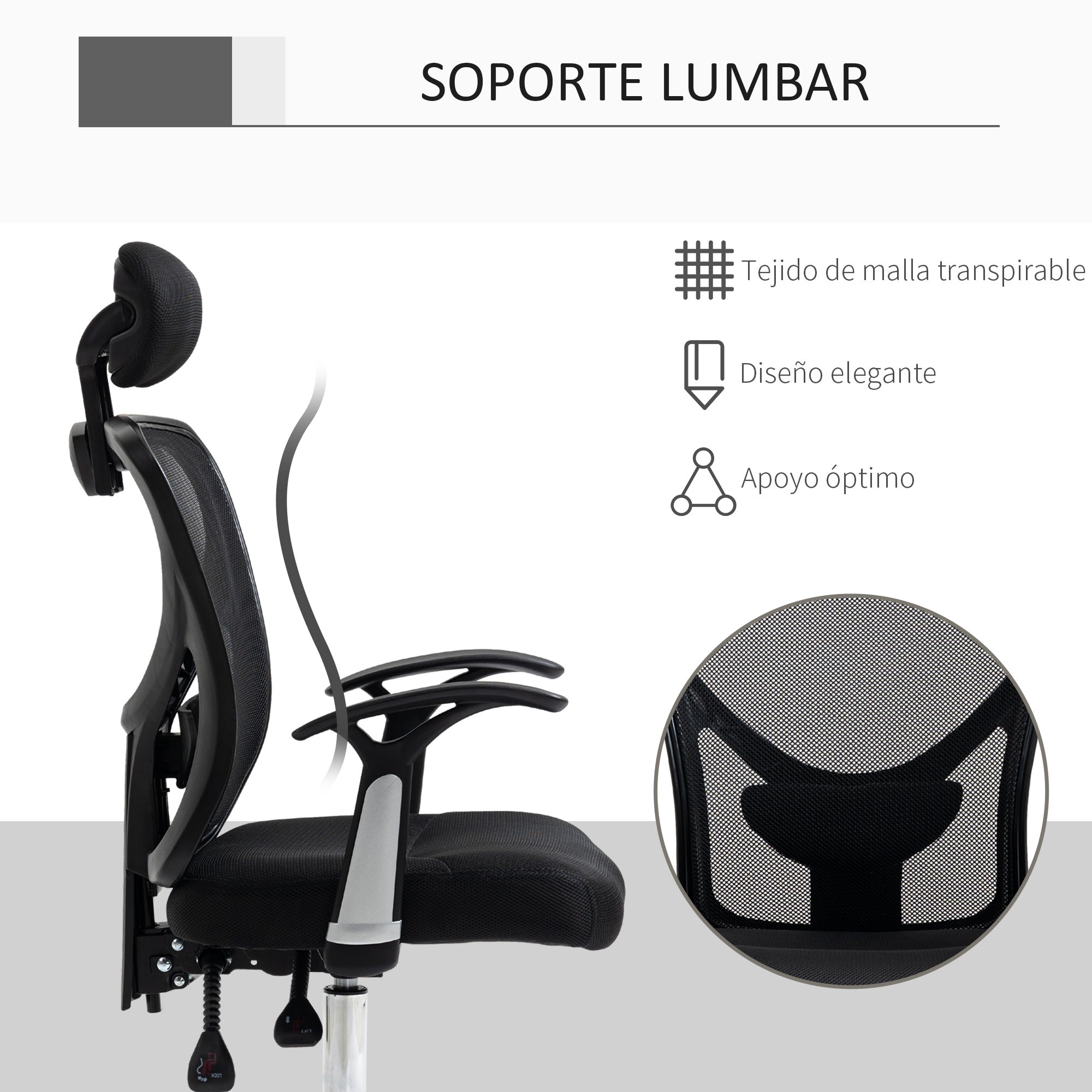 Cadeira de Escritório Ergonômica com Apoio para Cabeça e Suporte Lombar 65x67x118cm - Cor Preto