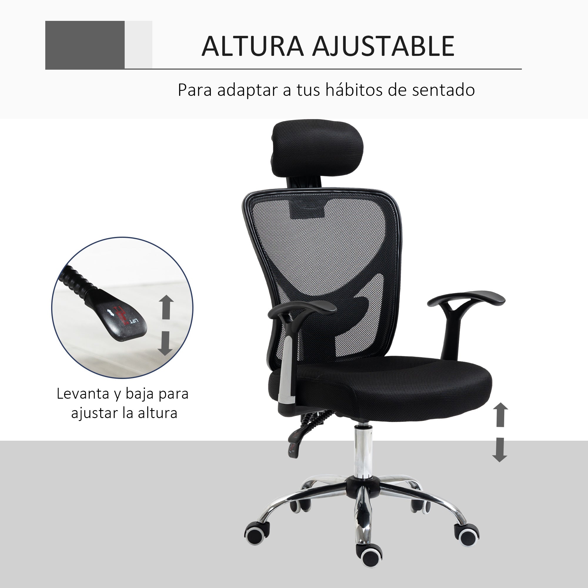 Cadeira de Escritório Ergonômica com Apoio para Cabeça e Suporte Lombar 65x67x118cm - Cor Preto