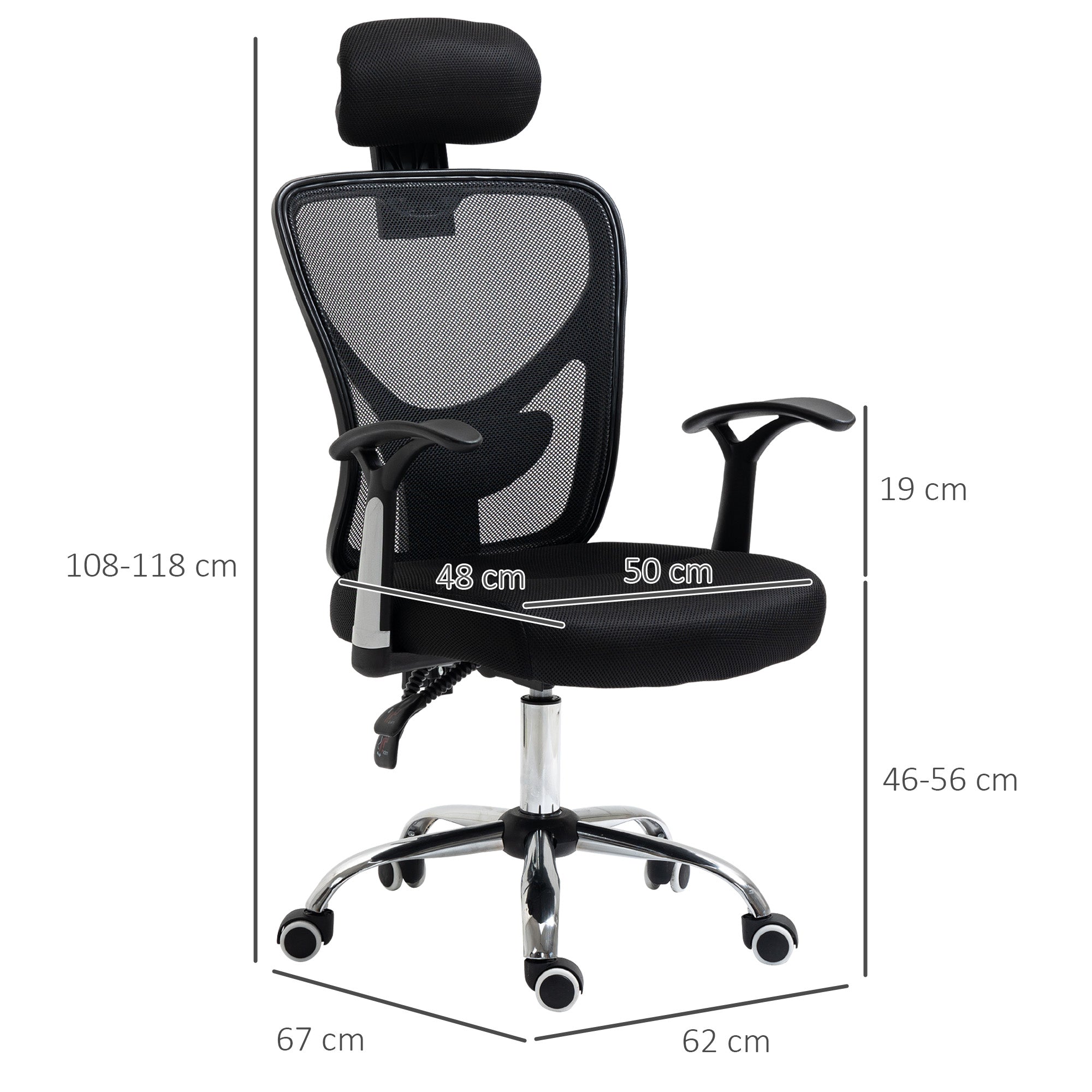 Cadeira de Escritório Ergonômica com Apoio para Cabeça e Suporte Lombar 65x67x118cm - Cor Preto