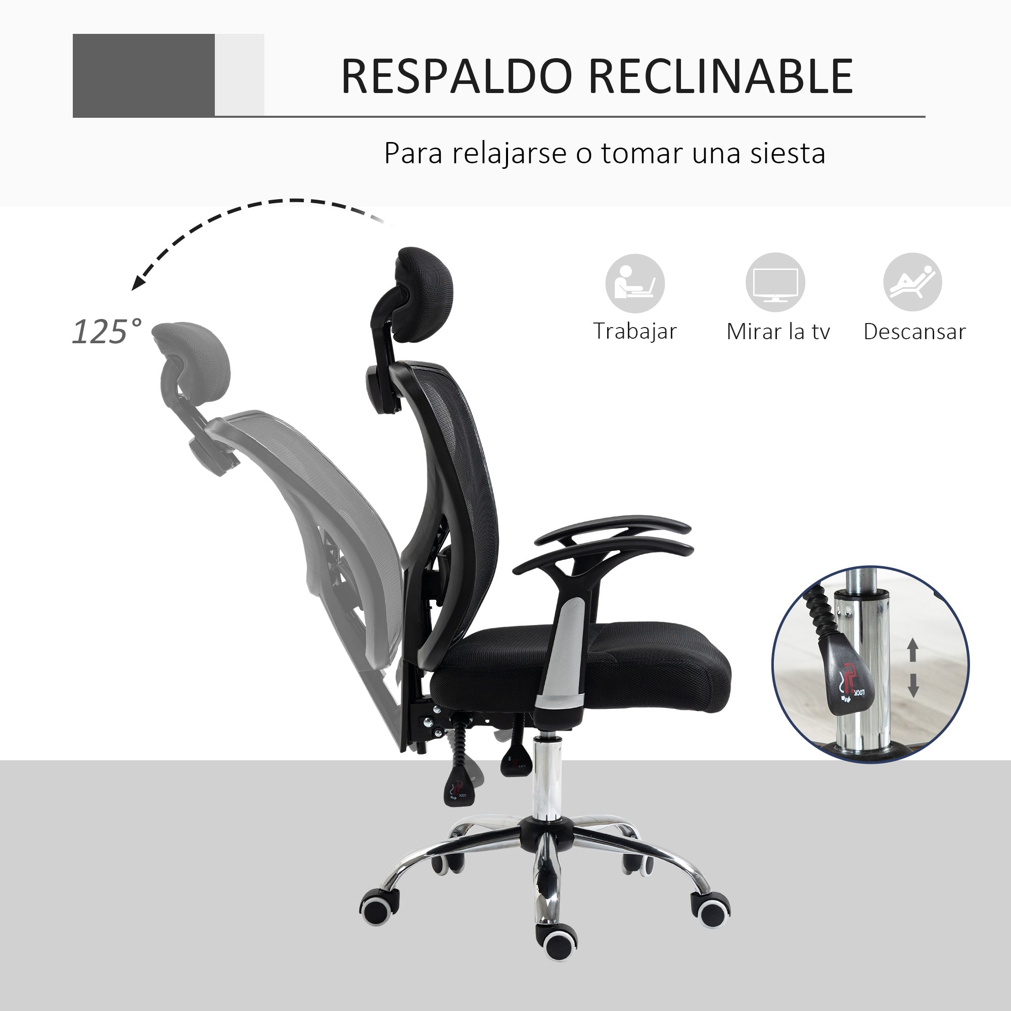 Cadeira de Escritório Ergonômica com Apoio para Cabeça e Suporte Lombar 65x67x118cm - Cor Preto