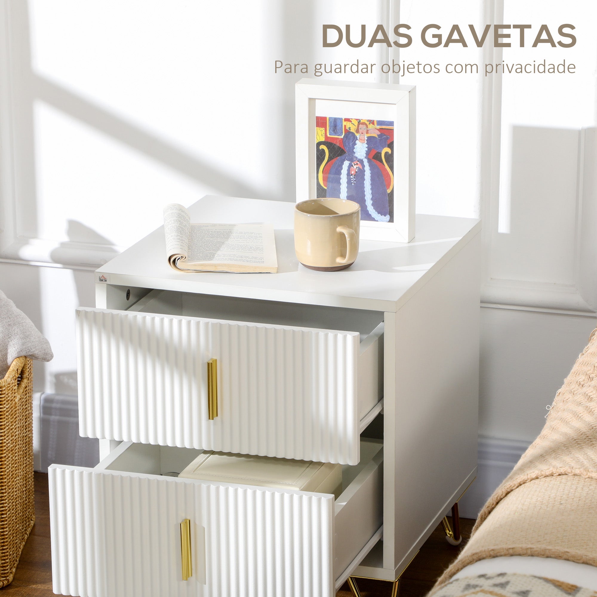 Mesa de Cabeceira com 2 Gavetas 40x40x47 cm Branco e Dourado