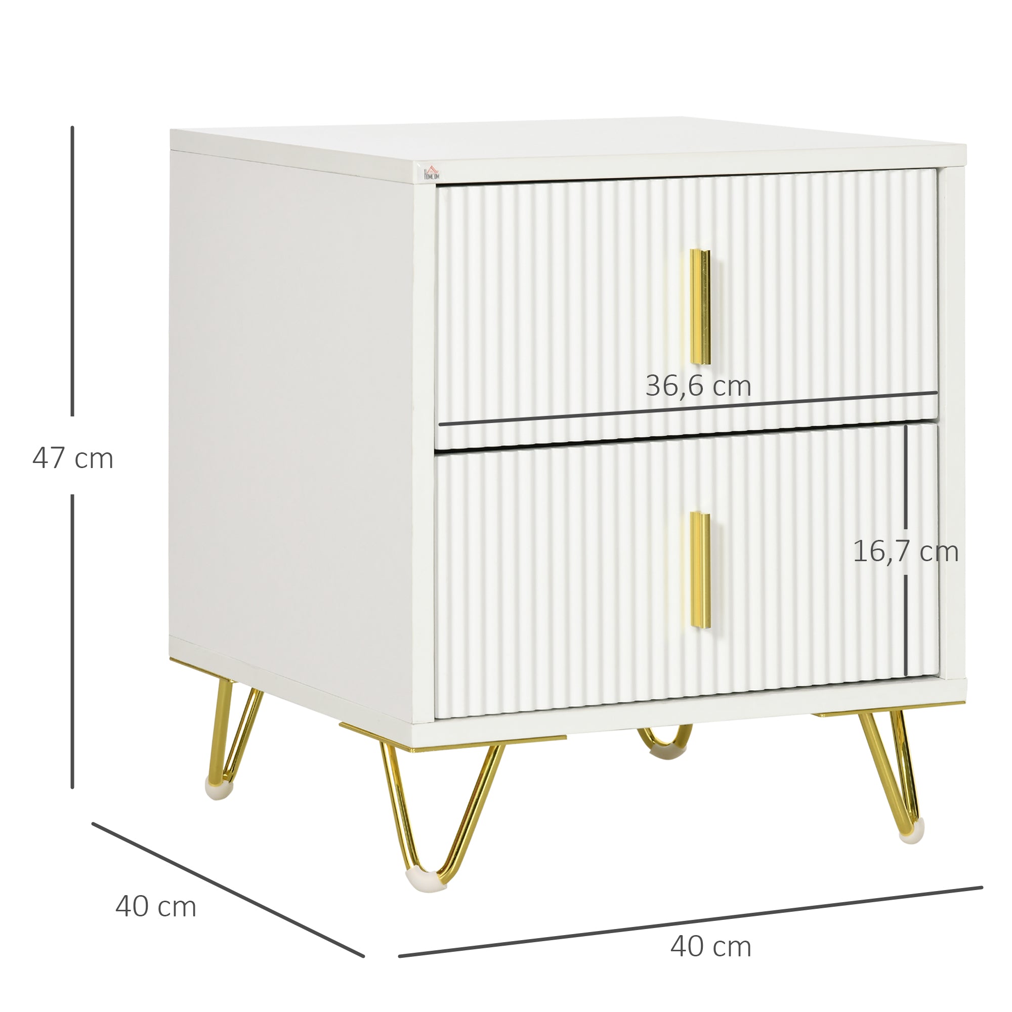 Mesa de Cabeceira com 2 Gavetas 40x40x47 cm Branco e Dourado