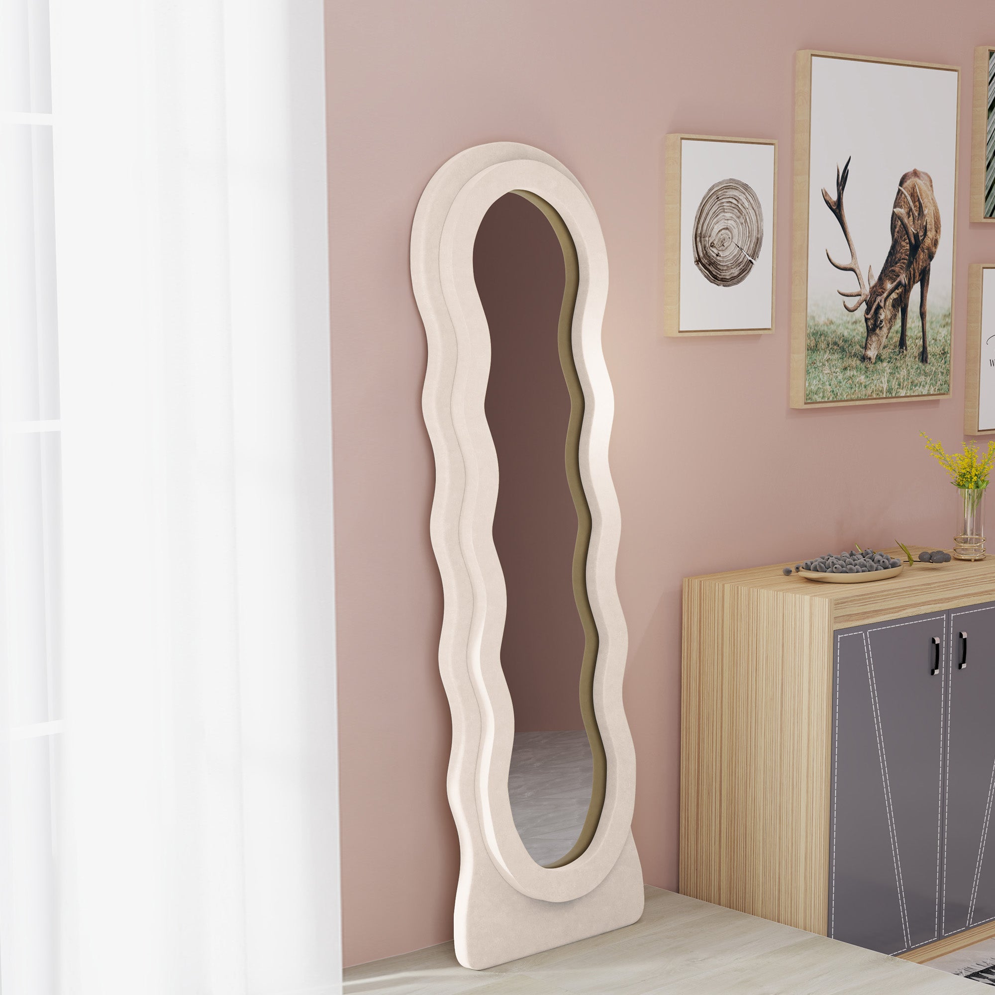 Espelho de Pé 50x160 cm Creme Branco - Design Assimétrico em Veludo