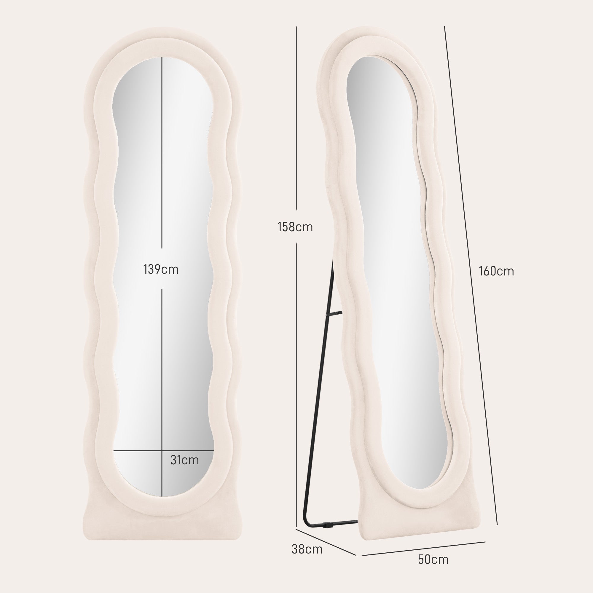 Espelho de Pé 50x160 cm Creme Branco - Design Assimétrico em Veludo