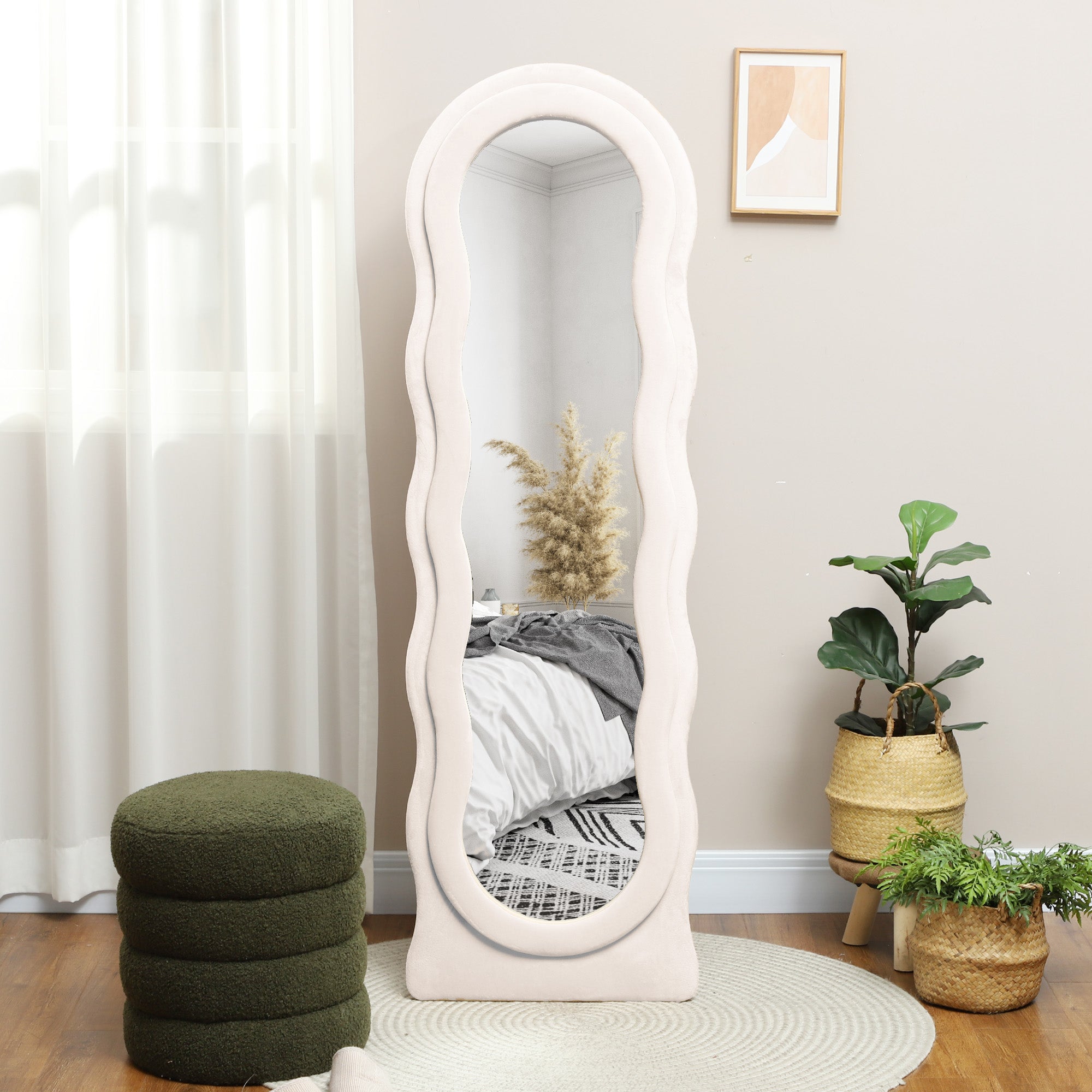 Espelho de Pé 50x160 cm Creme Branco - Design Assimétrico em Veludo