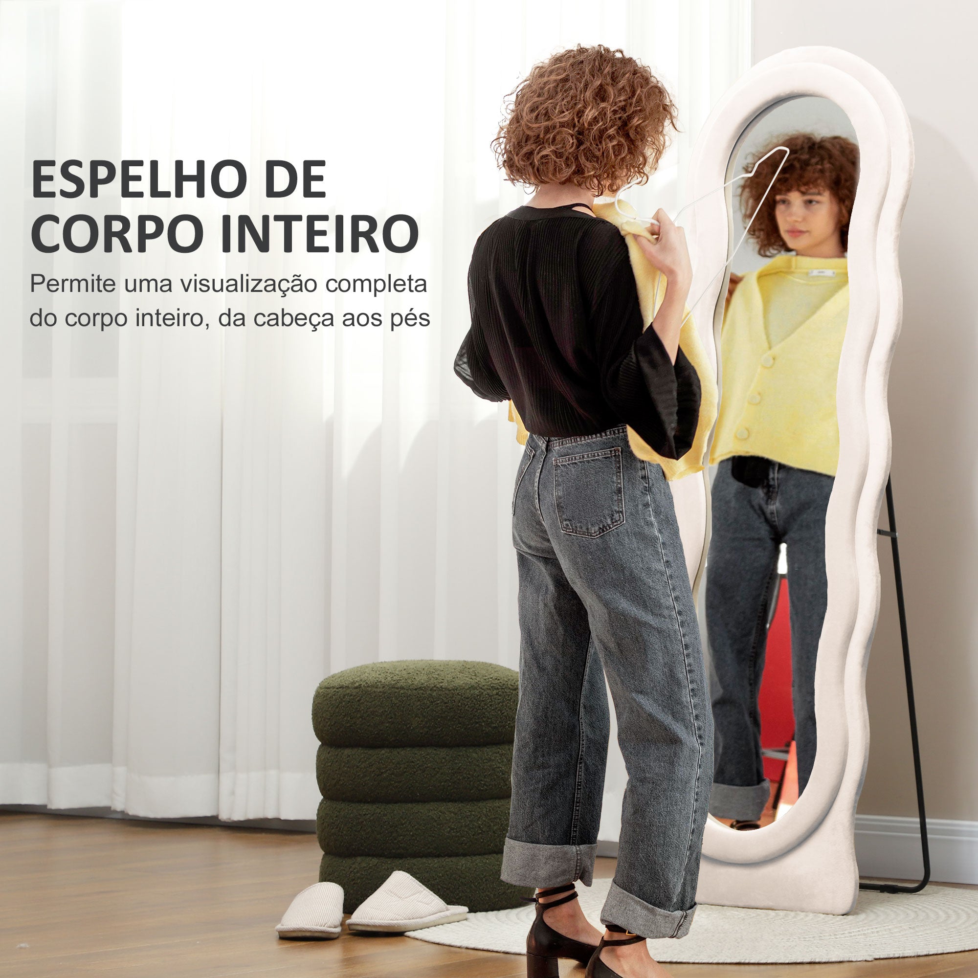 Espelho de Pé 50x160 cm Creme Branco - Design Assimétrico em Veludo