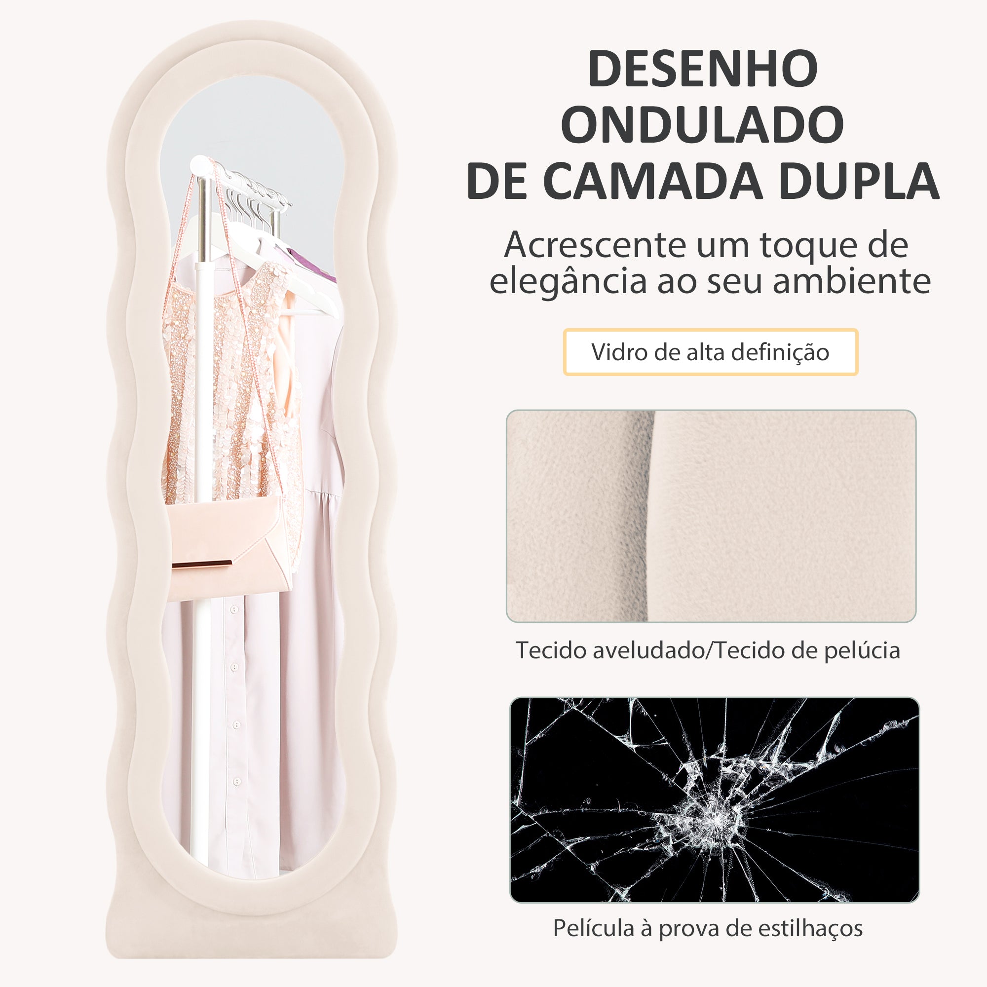 Espelho de Pé 50x160 cm Creme Branco - Design Assimétrico em Veludo