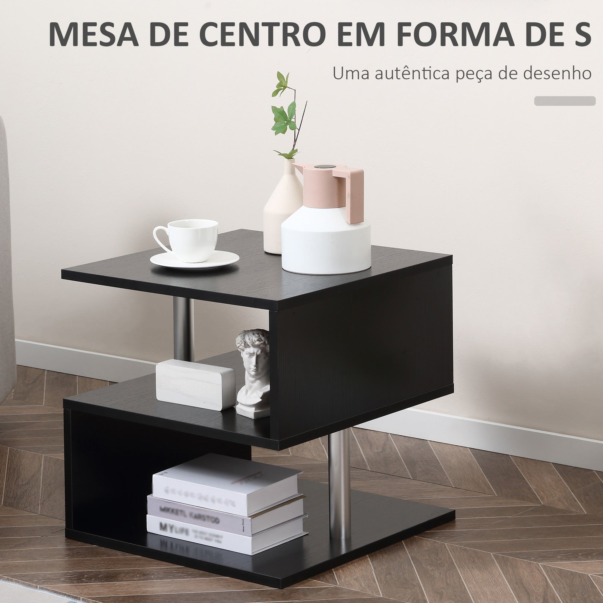 Mesa de Centro Geométrica Forma de S 50x50x50cm - Cor Preto