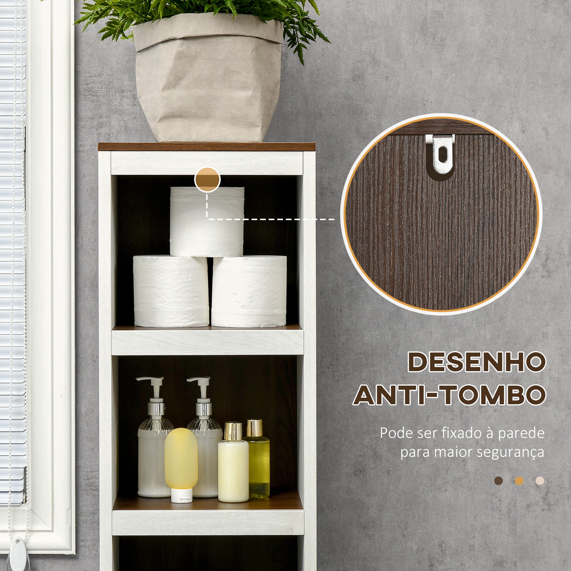 Coluna Casa de Banho Moderna com 3 Prateleiras Abertas e 2 Prateleiras Ajustáveis - 32x30x161 cm - Branco Envelhecido e Madeira