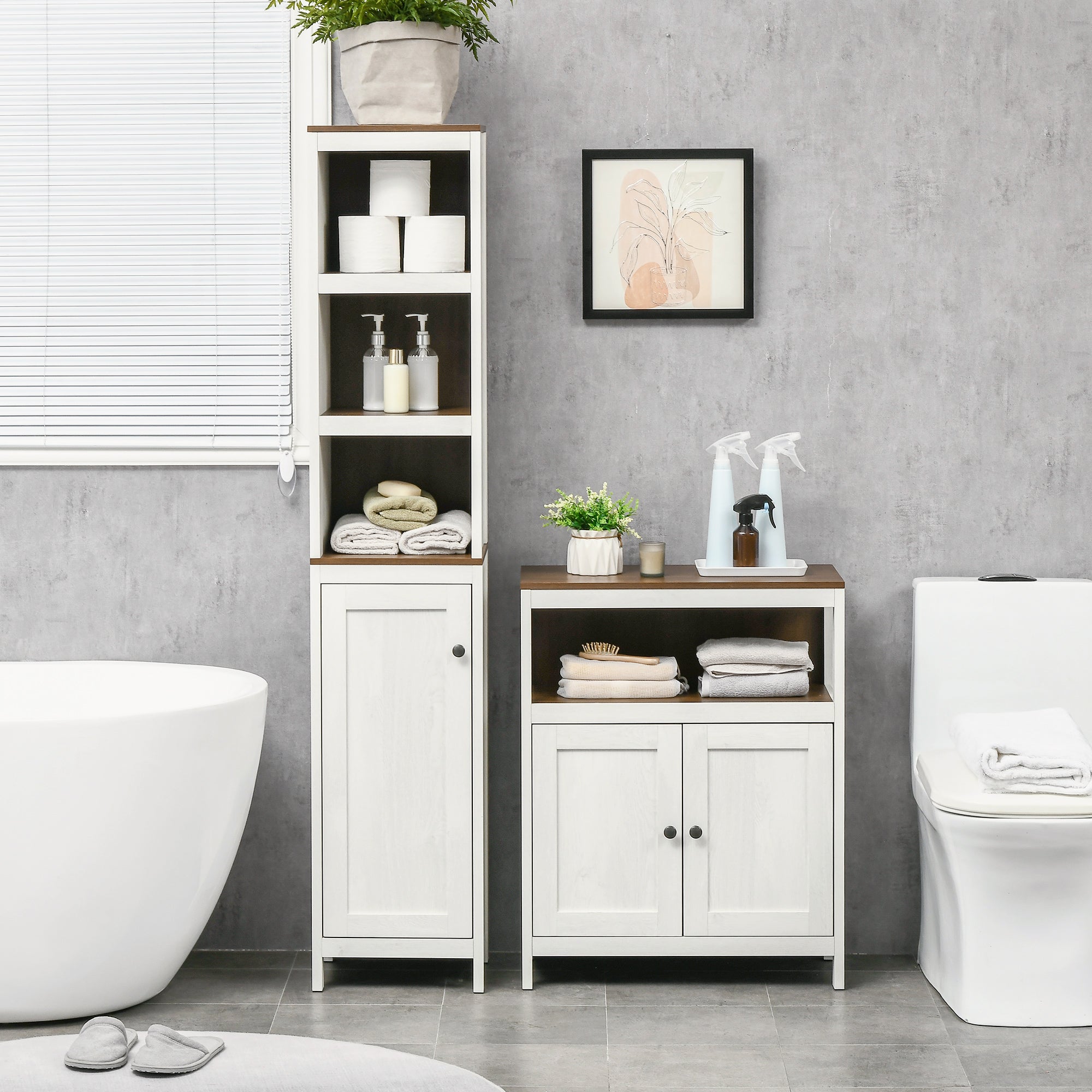Coluna Casa de Banho Moderna com 3 Prateleiras Abertas e 2 Prateleiras Ajustáveis - 32x30x161 cm - Branco Envelhecido e Madeira