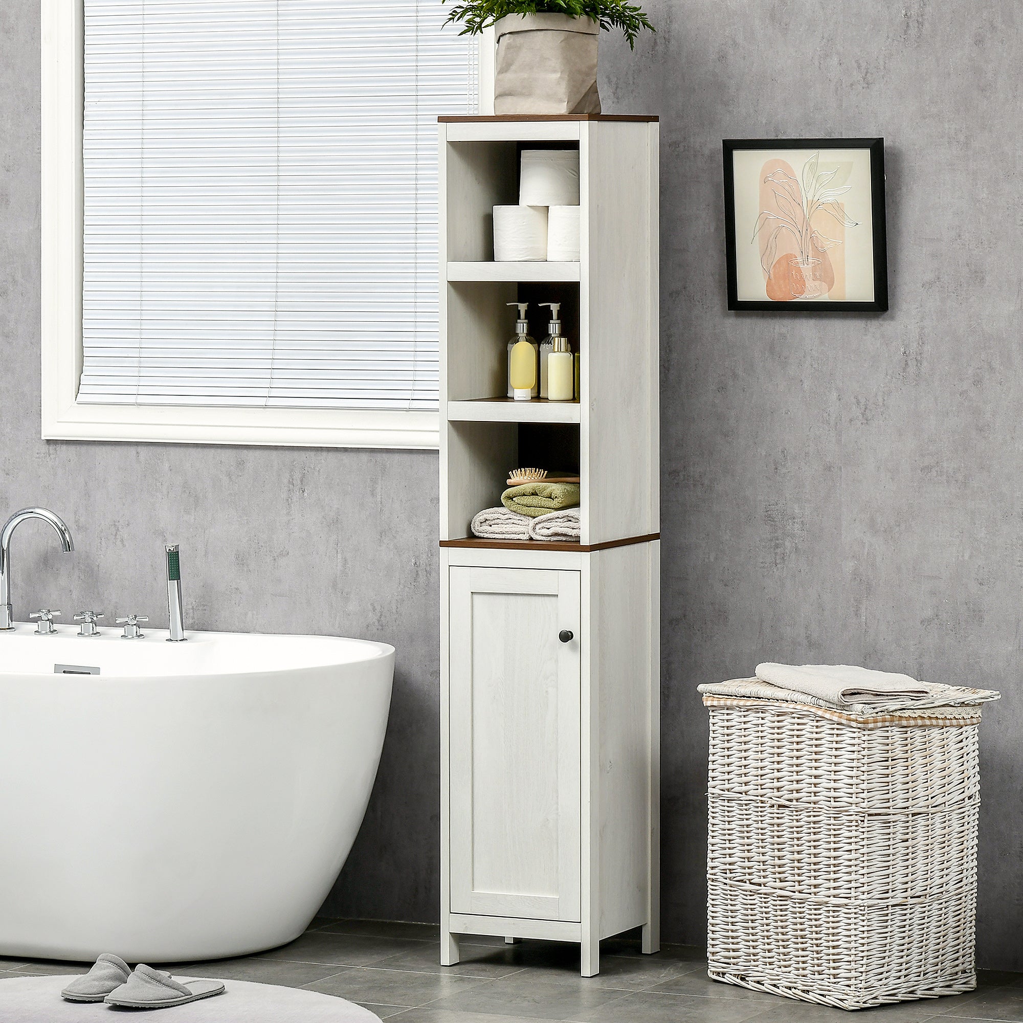 Coluna Casa de Banho Moderna com 3 Prateleiras Abertas e 2 Prateleiras Ajustáveis - 32x30x161 cm - Branco Envelhecido e Madeira