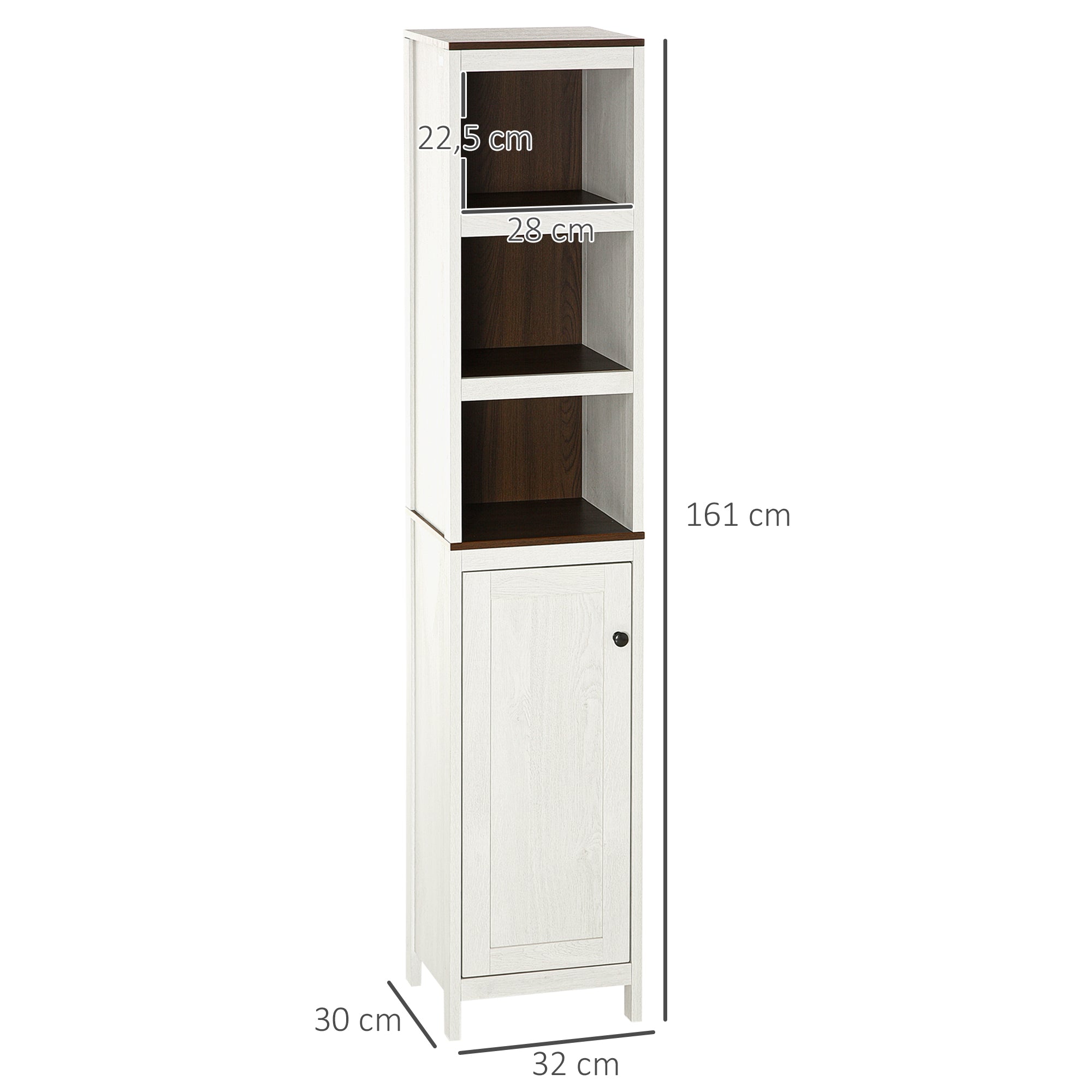 Coluna Casa de Banho Moderna com 3 Prateleiras Abertas e 2 Prateleiras Ajustáveis - 32x30x161 cm - Branco Envelhecido e Madeira