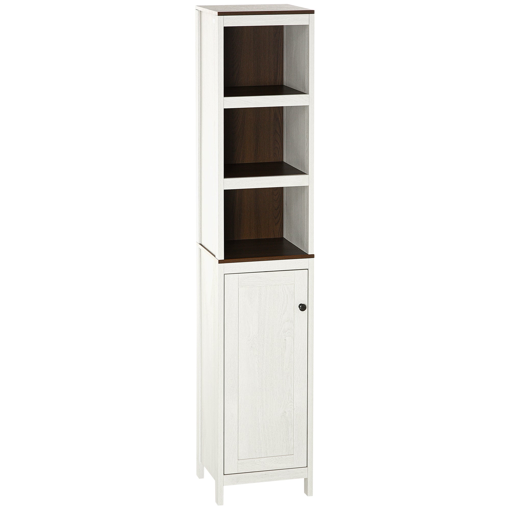 Coluna Casa de Banho Moderna com 3 Prateleiras Abertas e 2 Prateleiras Ajustáveis - 32x30x161 cm - Branco Envelhecido e Madeira