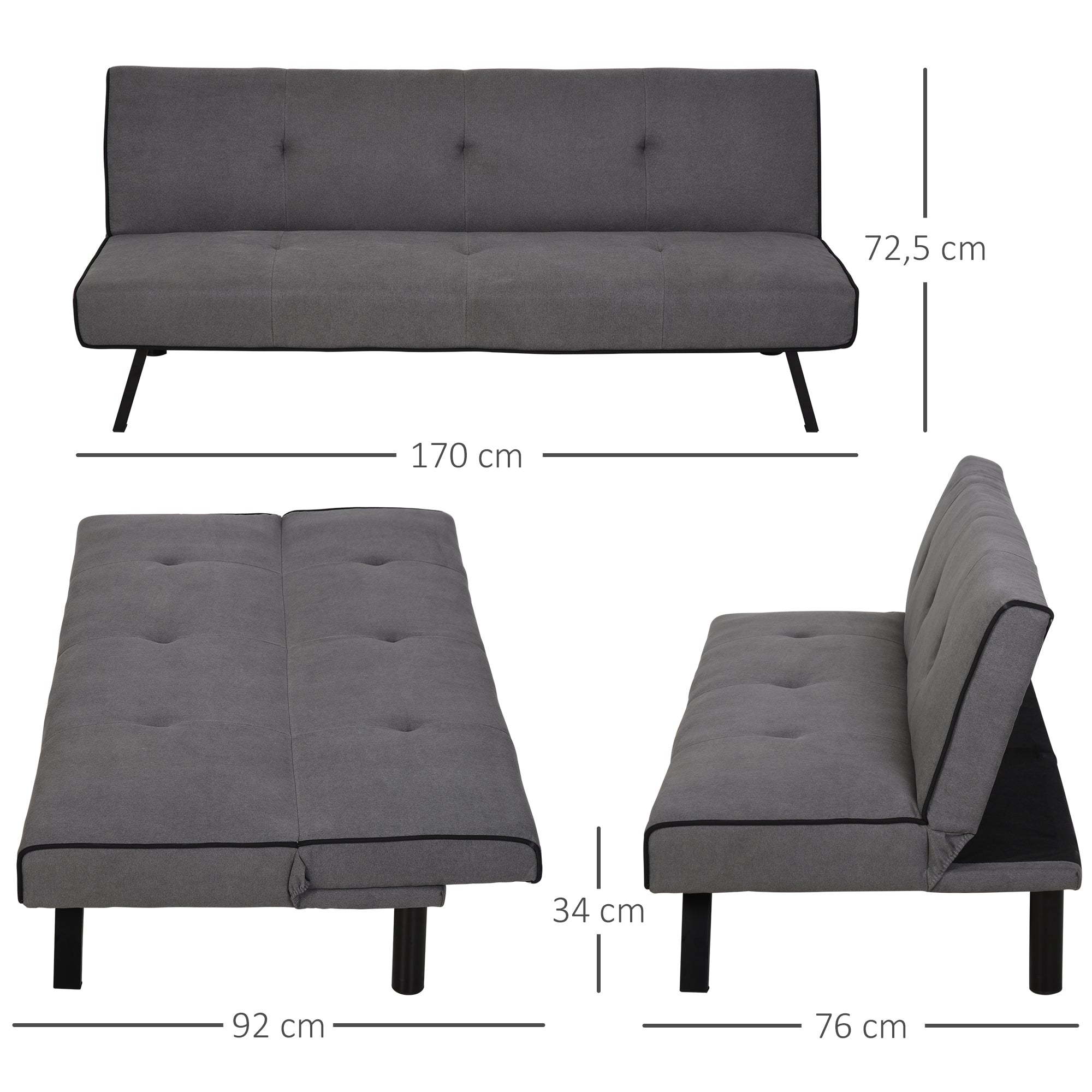 Sofá-cama 3 Lugares Cinza 170x76x72,5cm - Design 2 em 1 Dobrável
