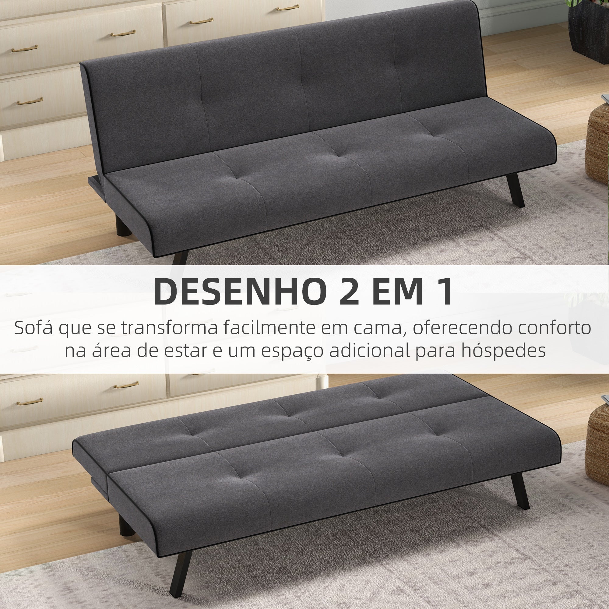 Sofá-cama 3 Lugares Cinza 170x76x72,5cm - Design 2 em 1 Dobrável